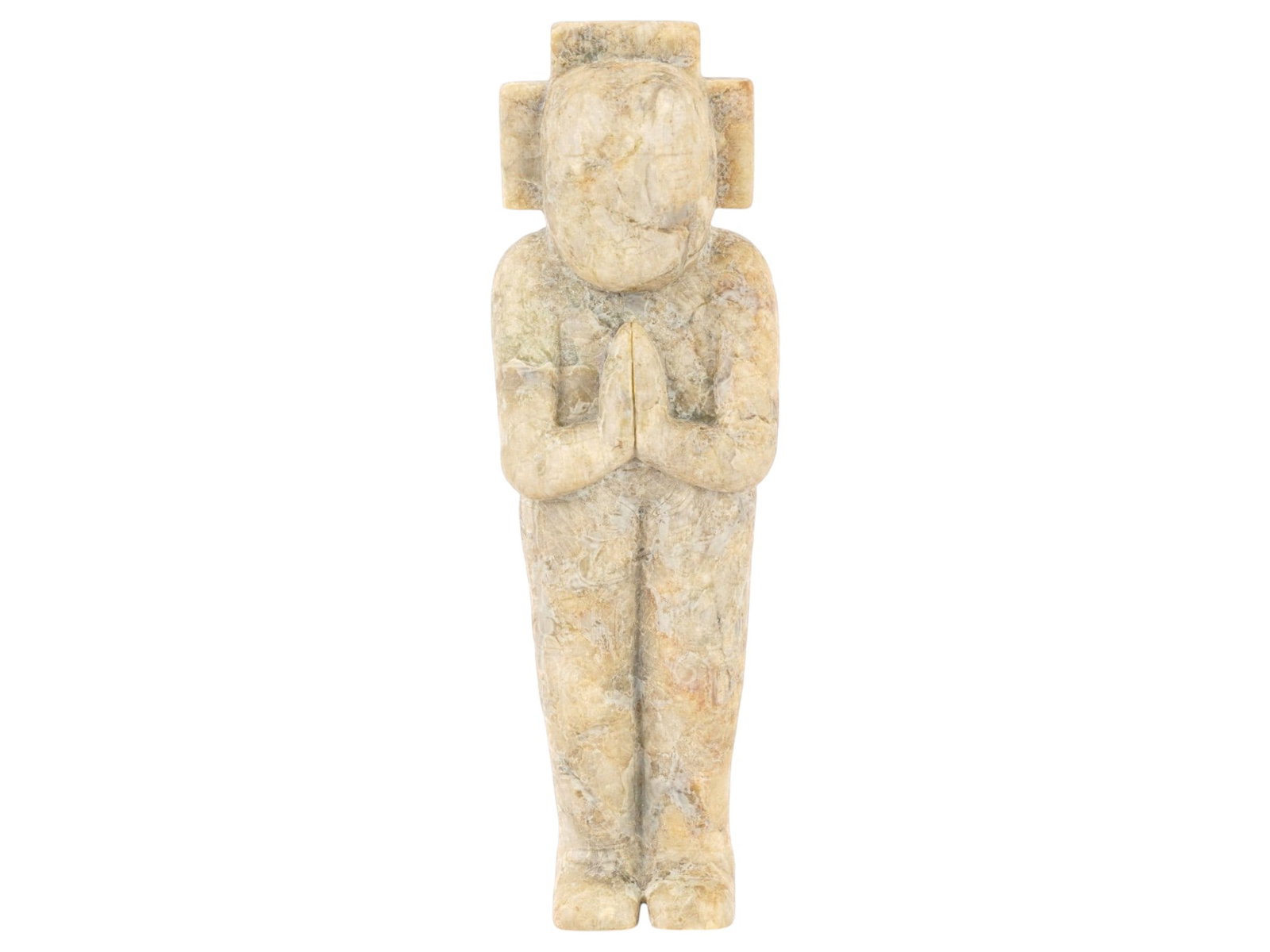 ANCIENT MESOAMERICAN OLMEC JADE HUMAN EFFIGY: An Ancient Mesoamerican hand-carved white jade sculpture, a human figure with hands in prayer. Presumably originating from Olmec culture. Weight: 395 g. Historical Collectibles And Archaeological Reli