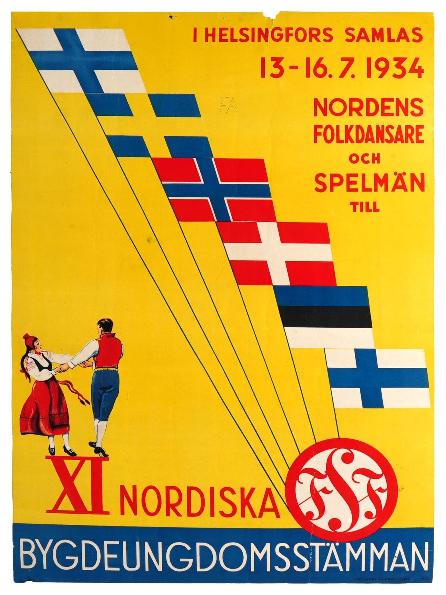 VINTAGE SWEDISH POSTER 1934 NORDIC RURAL YOUTH MEETING: A vintage Swedish poster from 1934 promoting the XI Nordic Rural Youth Meeting, which took place in Helsinki from July 13 to 16. The poster features flags of the countries of the Northern region of Eu