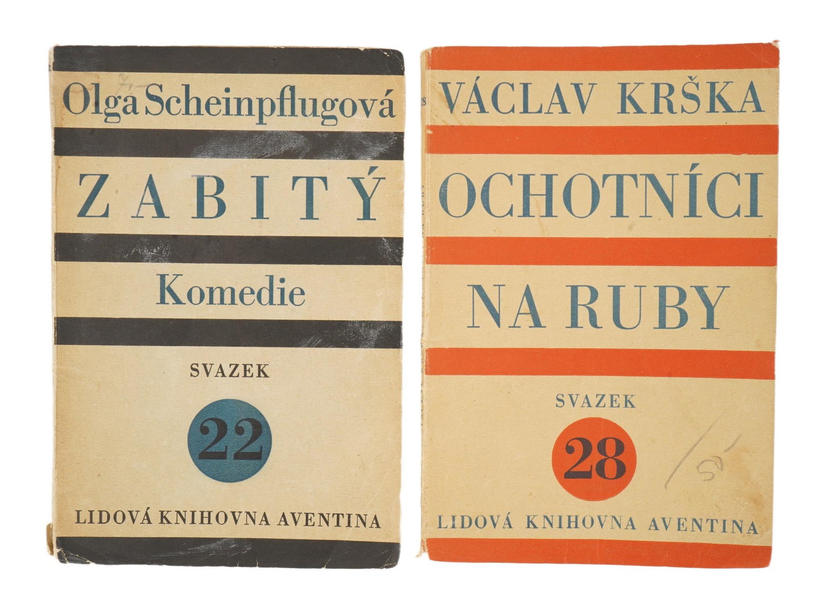 VINTAGE CZECH BOOKS OLGA SCHEINPFLUGOVA VACLAV KRSKA: A pair of vintage Czech book editions, published in 1927 and 1928 in Prague by the renowned Aventinum press of Otakar Storch-Marien as part of the Lidova knihovna Aventina series. The first, Zabity, a