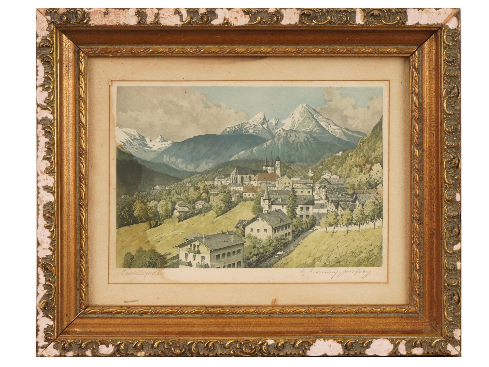 COLOR LITHOGRAPH ALPINE TOWN OF BERCHTESGADEN: A color lithograph on paper depicting the alpine town of Berchtesgaden against the Watzmann mountain peaks, with the village church towers nestled in the valley. Inscribed Berchtesgaden lower left