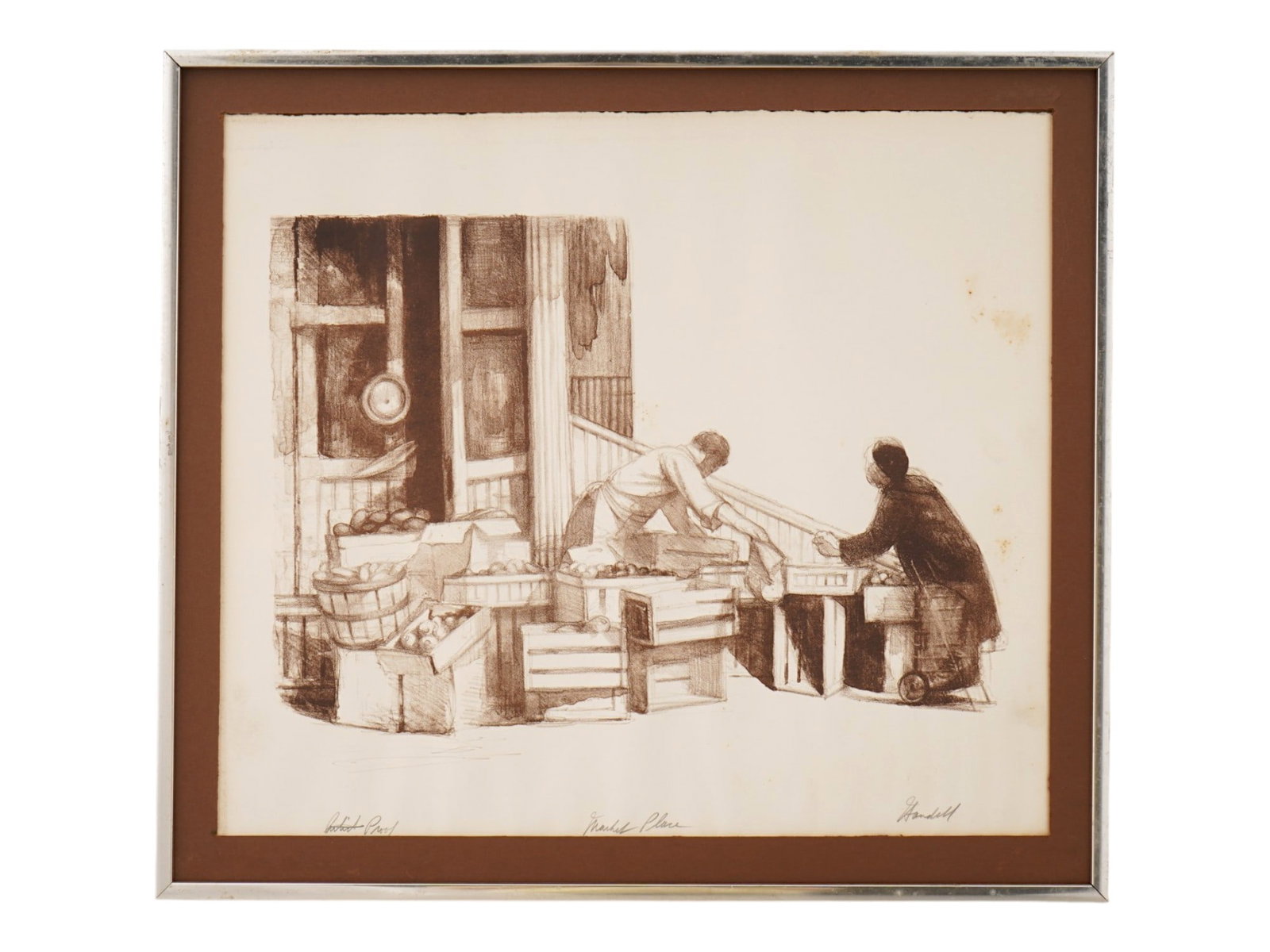 AMERICAN MARKET PLACE LITHOGRAPH BY ALBERT HANDELL: A vintage lithograph, titled Market Place by American artist Albert Handell, born 1937. The work, executed in brown tones, depicts people working in an open market among crates of produce. Signed in p