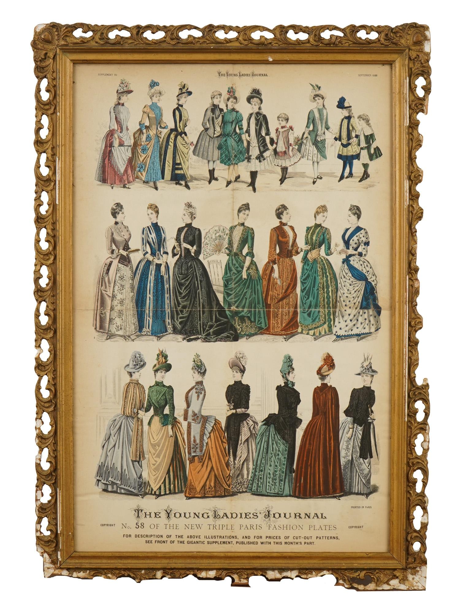 BRITISH YOUNG LADIES JOURNAL ILLUSTRATED PUBLICATION: An engraving from the late 1880s from the well known British illustrated publication, The Young Ladies Journal. It is a so called Triple Paris Fashion Plate, issued as a panoramic supplement to the