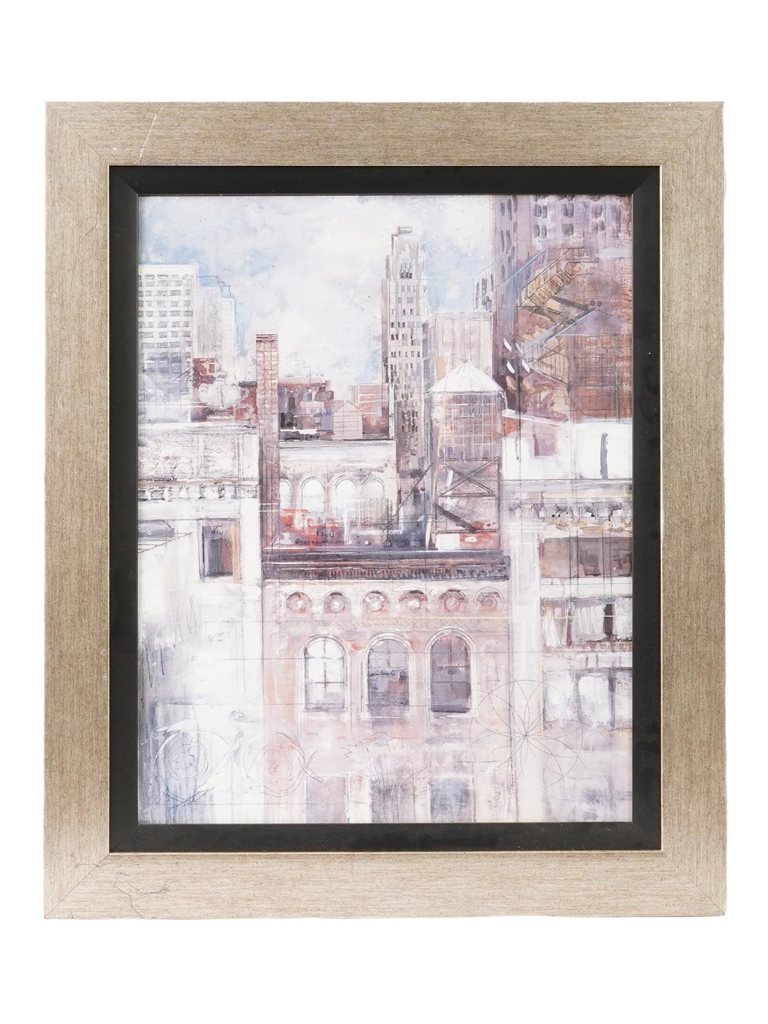 VINTAGE COLOR PRINT DEPICTING CITYSCAPE FRAMED: A vintage color print depicting a cityscape. The print showcases a view of a city with various buildings, including a prominent tower in the center. The colors used in the painting are muted, with sha