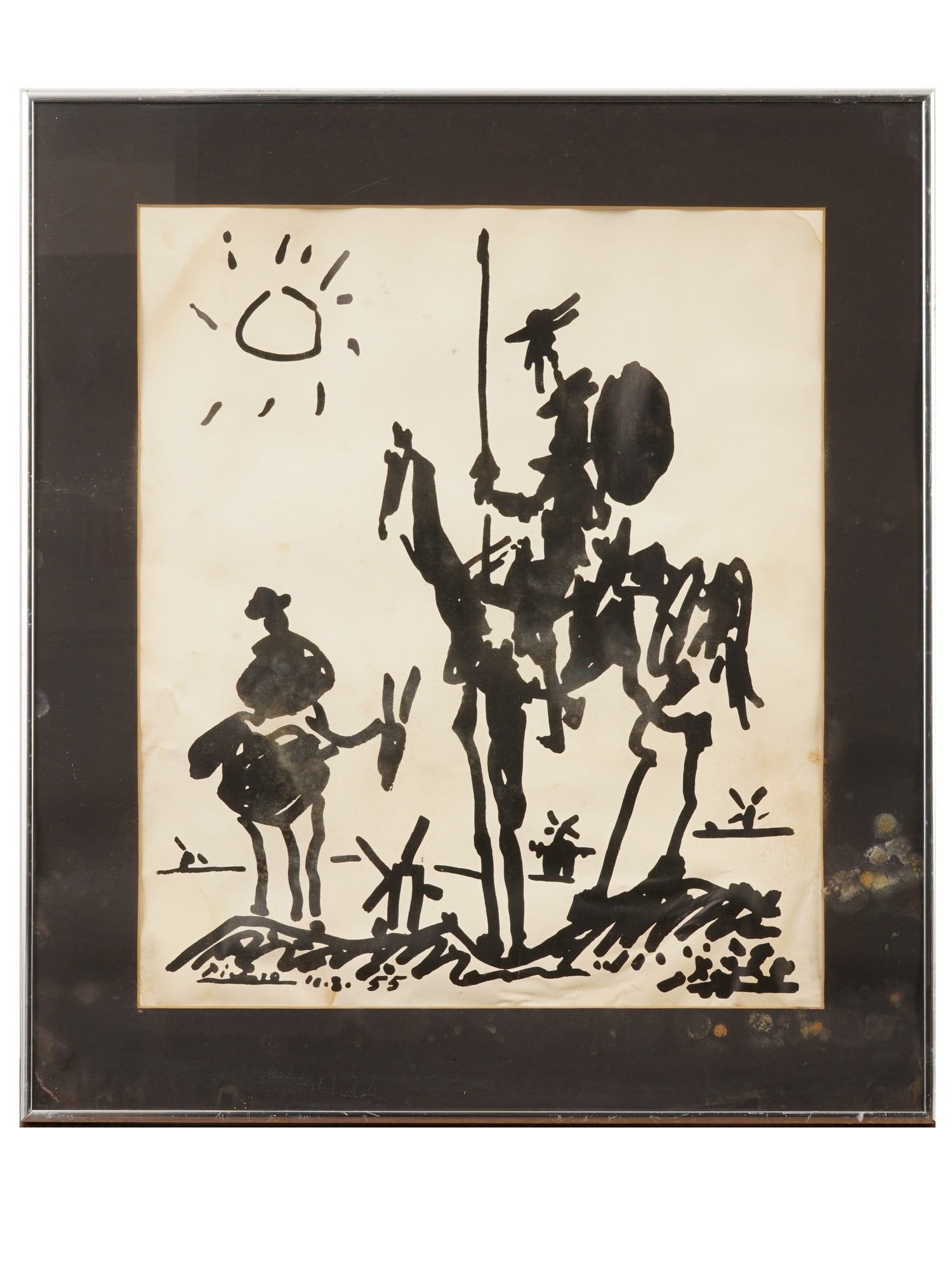 SPANISH DON QUIXOTE LITHOGRAPH AFTER PABLO PICASSO: A lithograph on paper, Don Quixote, after the original artwork, 1955, by Pablo Picasso, Spanish, 1881 to 1973. Signed and dated 55 in the print, lower left. Framed. Don Quixote is a sketch series by t