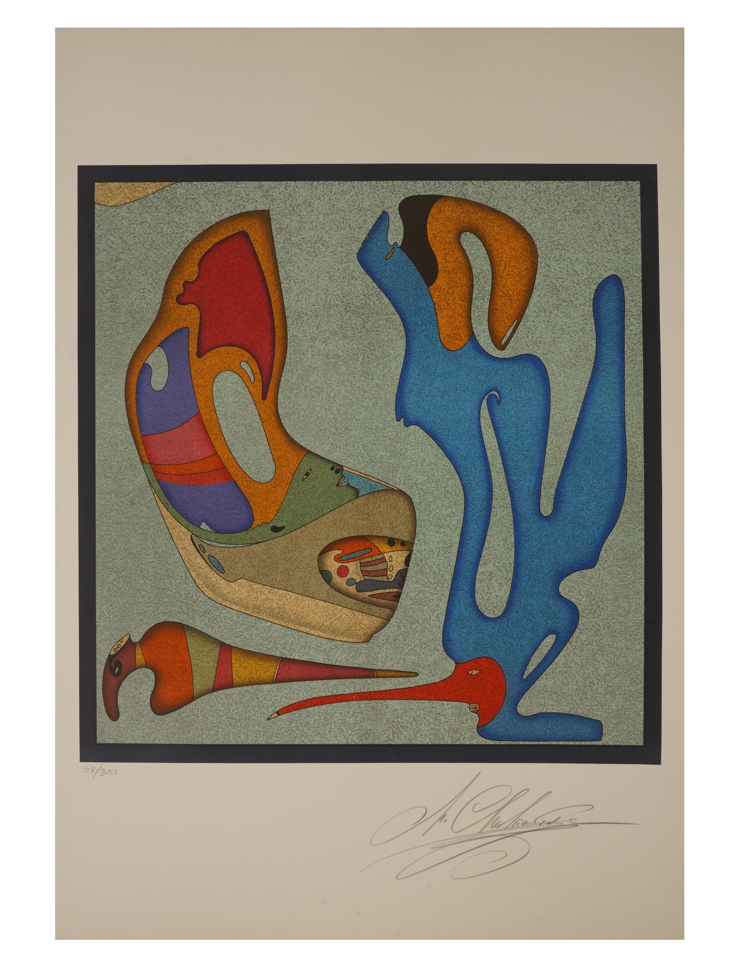 MIHAIL CHEMIAKIN RUSSIAN LITHOGRAPH HEAVENLY MEETING: Mihail Chemiakin, Russian, born 1943, a limited-edition color lithograph on paper titled Heavenly Meeting from the Metaphysical Images series. The print is pencil signed lower right and hand numbered