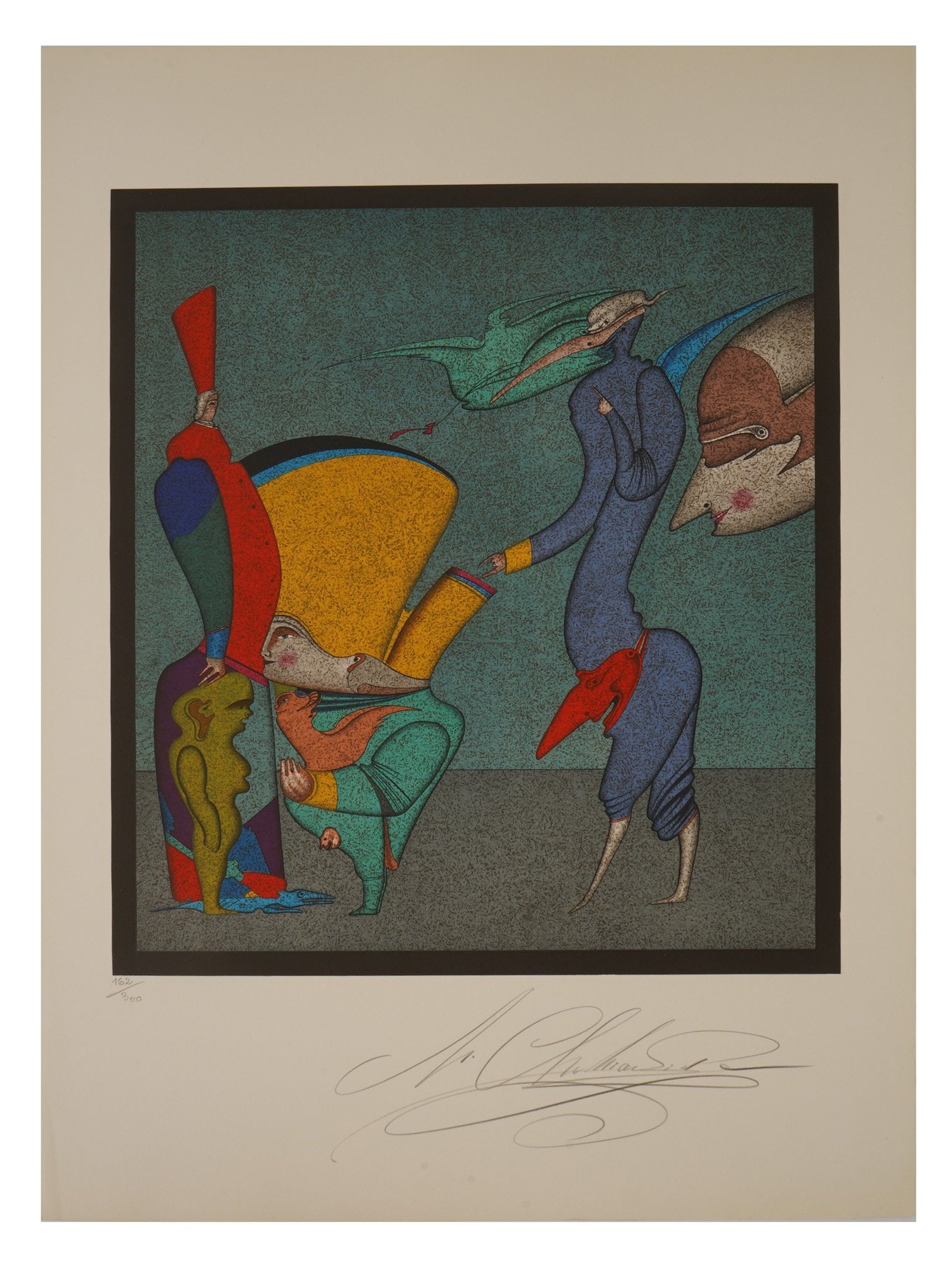 MIHAIL CHEMIAKIN RUSSIAN LITHOGRAPH CARNIVAL PETERSBURG: Mihail Chemiakin, Russian, born 1943, a limited-edition color lithograph on paper Untitled I from the celebrated Carnival of St. Petersburg suite. Features the artists distinctive surreal theatrical f