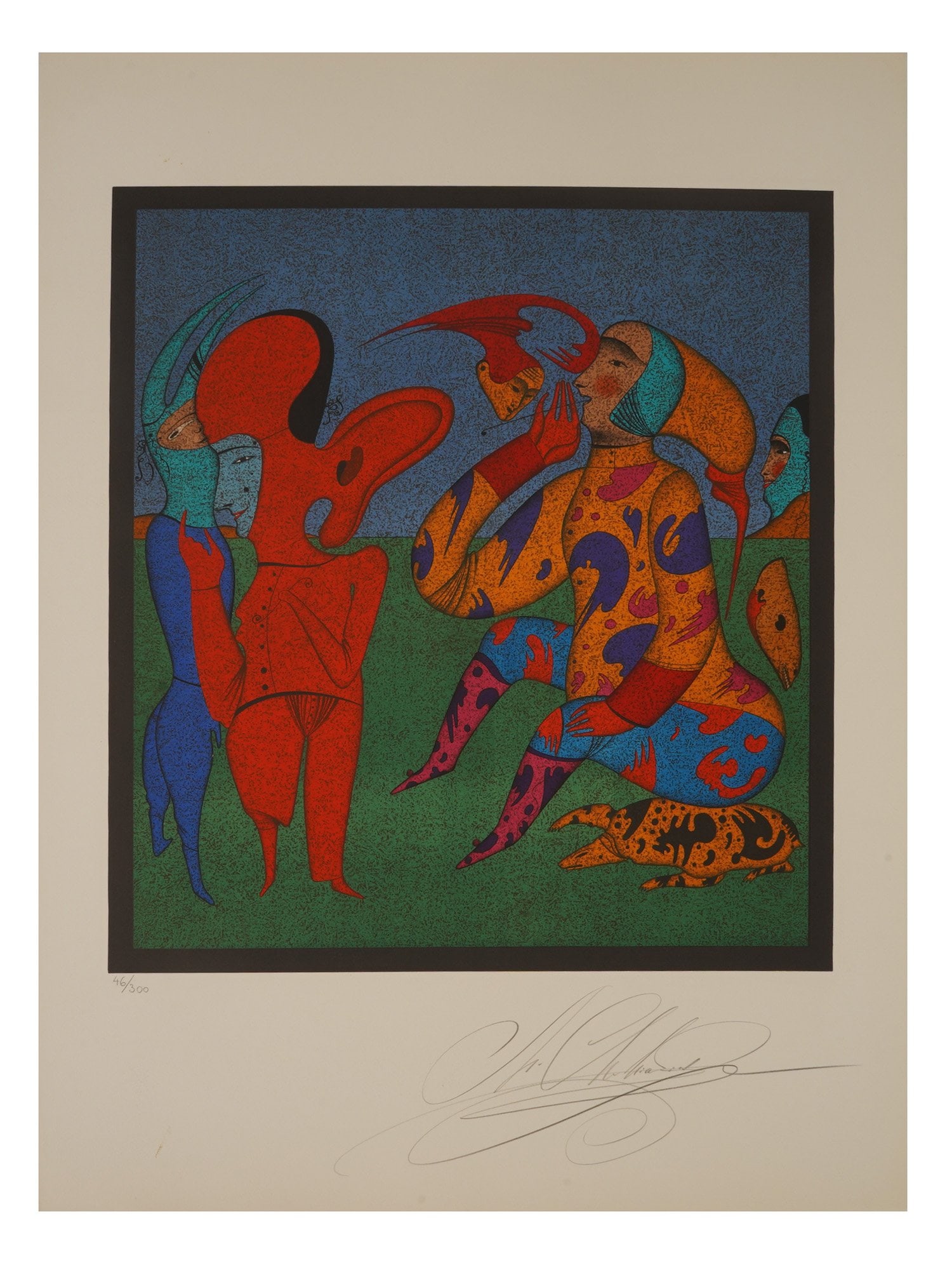 MIHAIL CHEMIAKIN RUSSIAN LITHOGRAPH PLAY W FLYING HEAD: Mihail Chemiakin, Russian, born 1943, a color lithograph on paper titled Play With Flying Head. Featuring surreal masked figures from the artists celebrated Carnival of St. Petersburg series. The prin