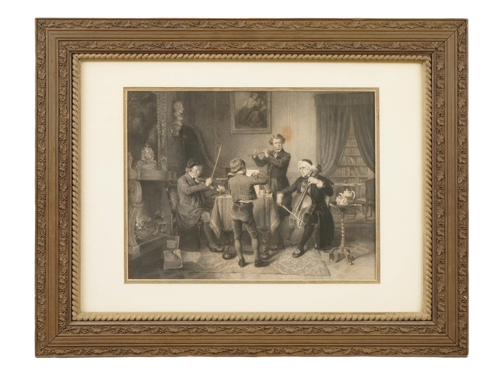 ENGRAVING QUARTET ROBERT TROSSIN AFTER HIDDEMANN: An antique copper engraving titled The Dilettante Quartet, also known as The Quartet, by Robert Trossin, 1820 to 1896, after a painting by Friedrich Peter Hiddemann, 1829 to 1892. The scene humorously