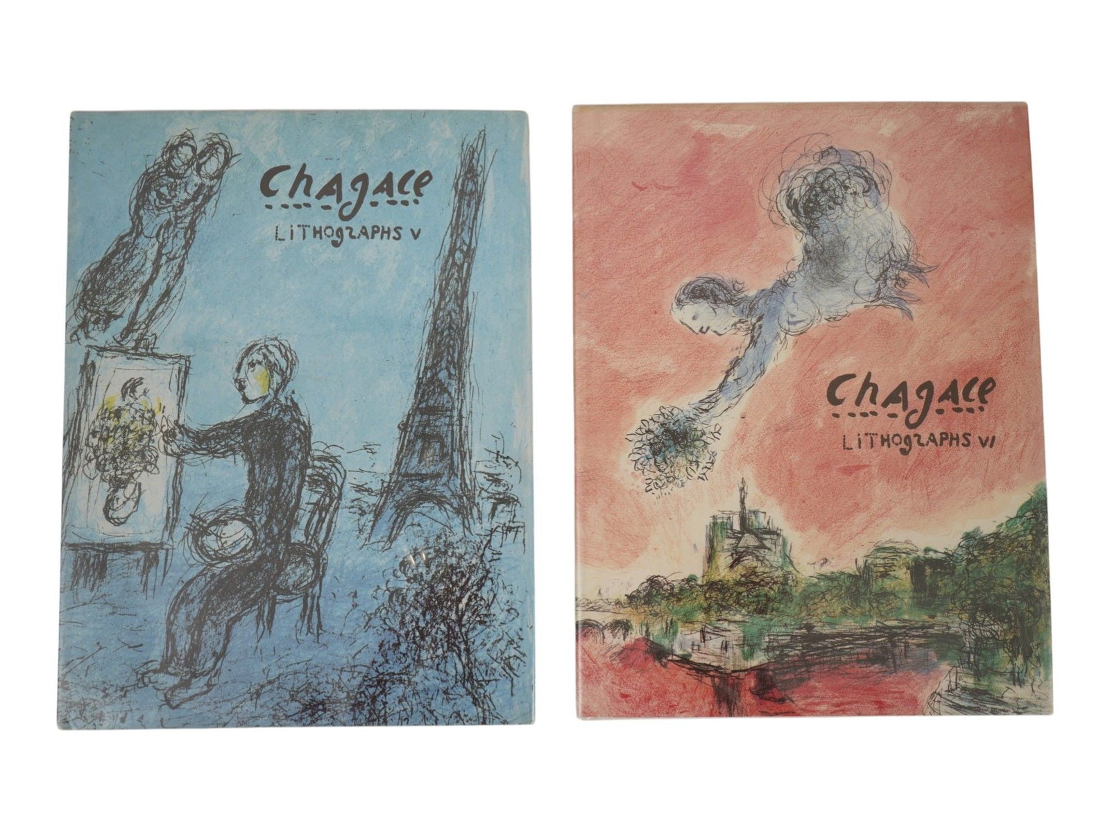 ART ALBUMS CATALOGUES OF MARC CHAGALL LITHOGRAPHS: A lot of two art albums catalogues of Marc Chagalls lithographs compiled by Charles Sorlier. The fifth volume covers the period 1974 to 1979, and the sixth, 1980 to 1985. Published in New York by Crow