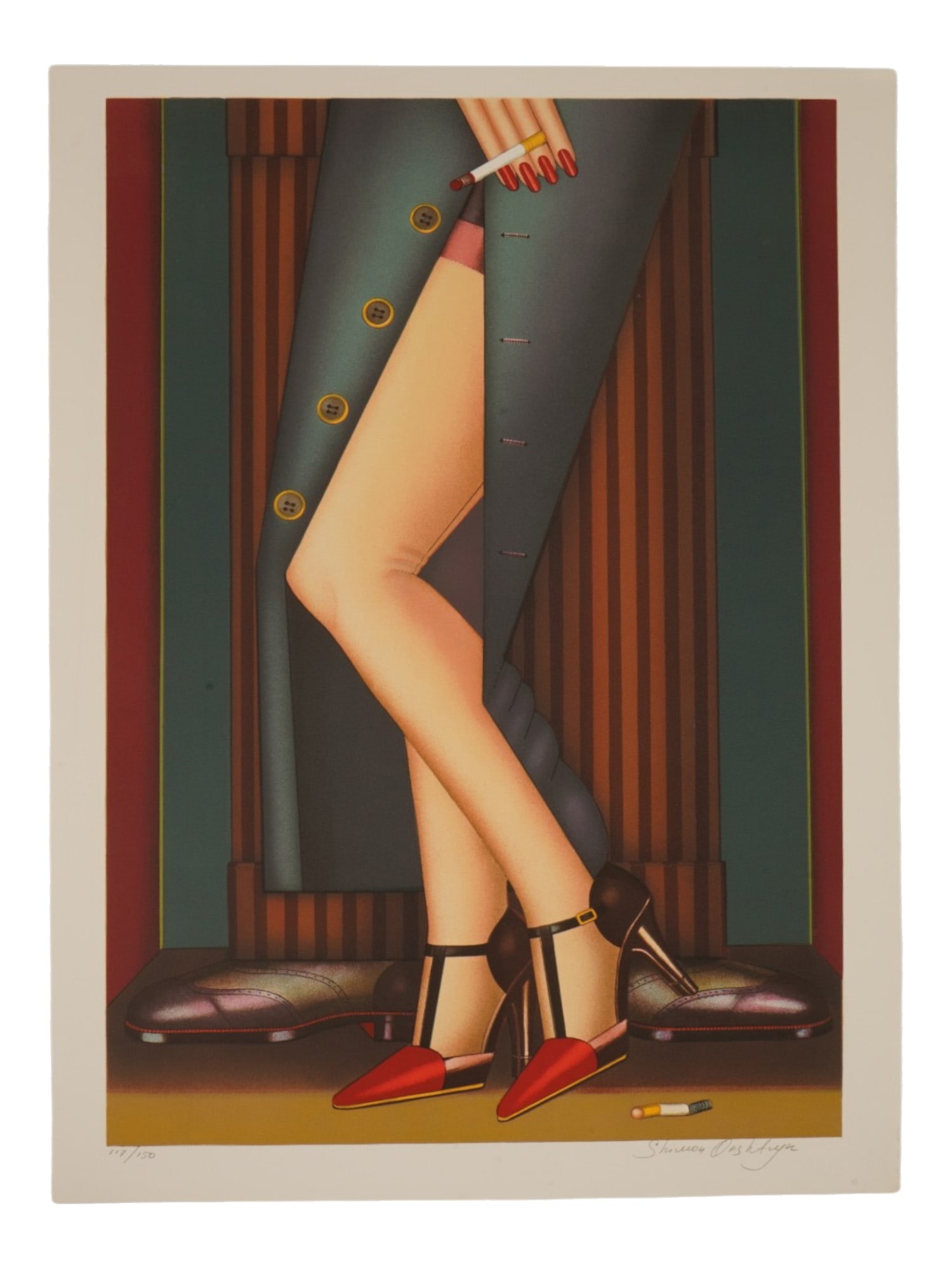 SHIMON OKSHTEYN AMERICAN LTD ED LITHOGRAPH LEGS: Shimon Okshteyn, Ukranian-American, 1951 to 2020, color lithograph on Arches paper. The artwork depicts female and male figures down the hips. Titled Legs. Dated 1983. Signed lower right. Numbered 117
