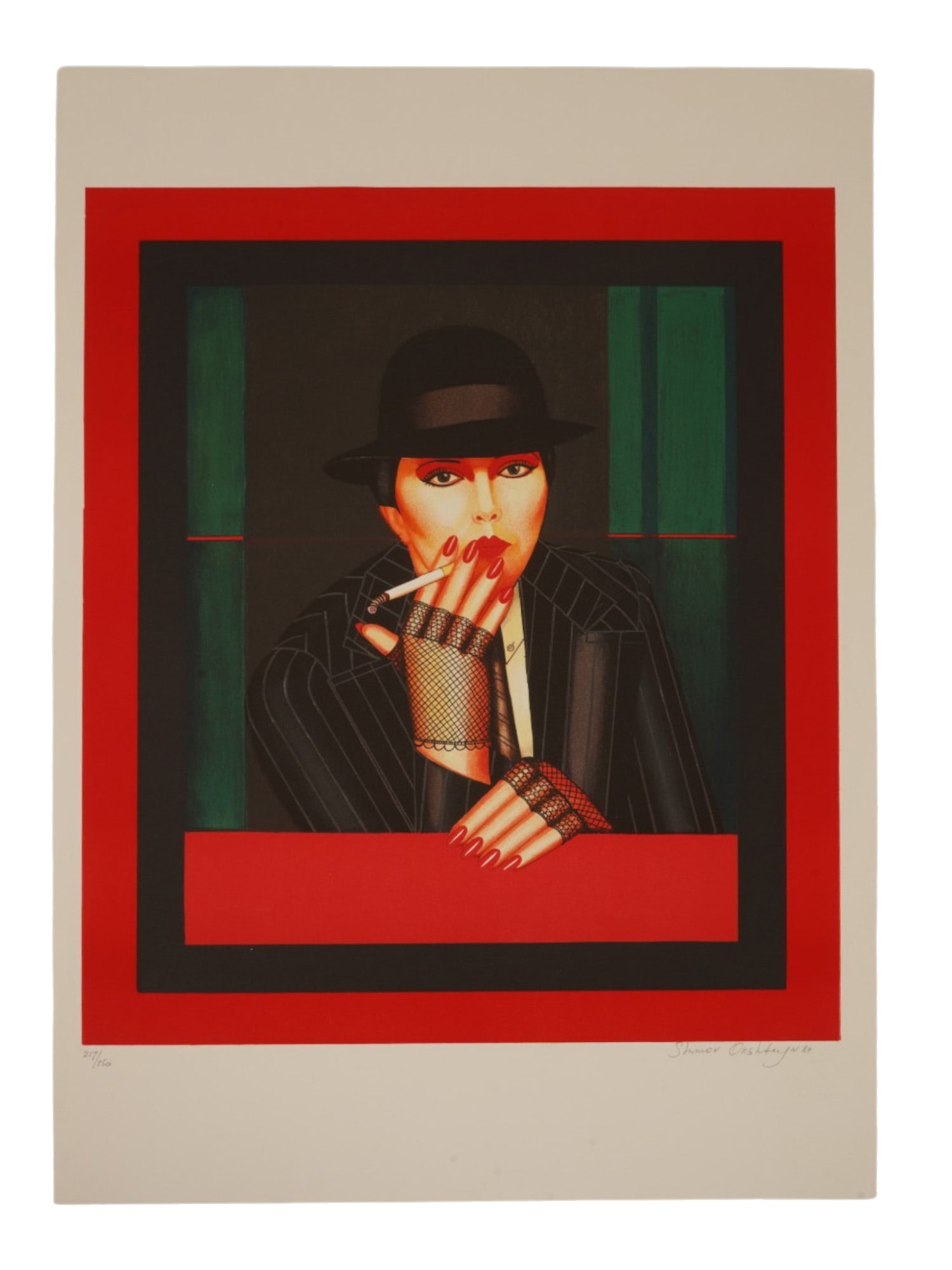 SHIMON OKSHTEYN AMERICAN LTD ED LITHOGRAPH CALL GIRL: Shimon Okshteyn, Ukranian-American, 1951 to 2020, color lithograph on Arches paper. The artwork depicts a portrait of a woman smoking a cigarette. Titled Call Girl. Dated 1984. Signed lower right. Num