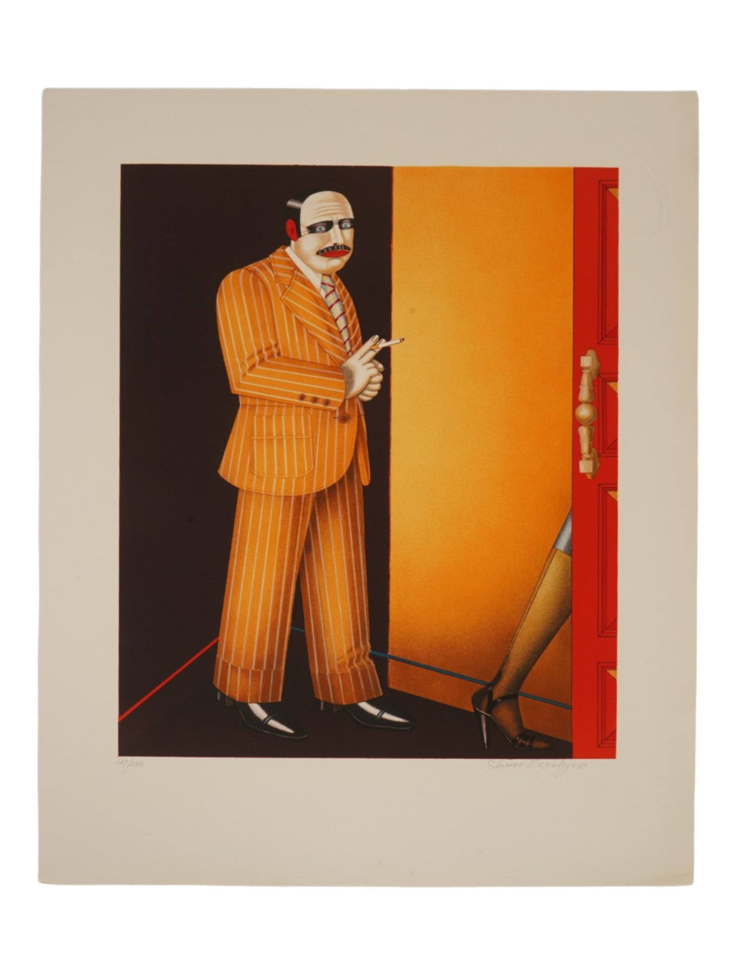 SHIMON OKSHTEYN AMERICAN LTD ED LITHOGRAPH CALL GIRL: Shimon Okshteyn, Ukranian-American, 1951 to 2020, color lithograph on Arches paper. The artwork depicts a man in costume following a female figure intro the room. Titled Businessman. Dated 1984. Signe