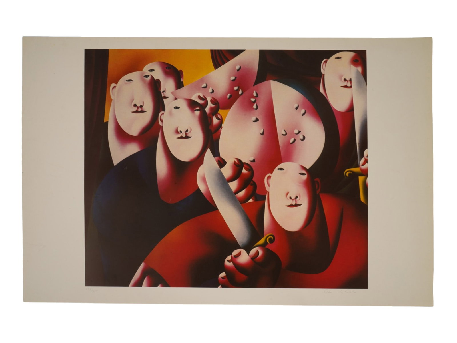 LTD RUSSIAN COLOR PRINT BY OLEG TSELKOV SIGNED: Oleg Tselkov, Russian, French, 1934 to 2021, a limited edition original color print on paper titled Group portrait with watermelon. Signed in pencil, lower right. Numbered 298 of 300 in pencil, lower 
