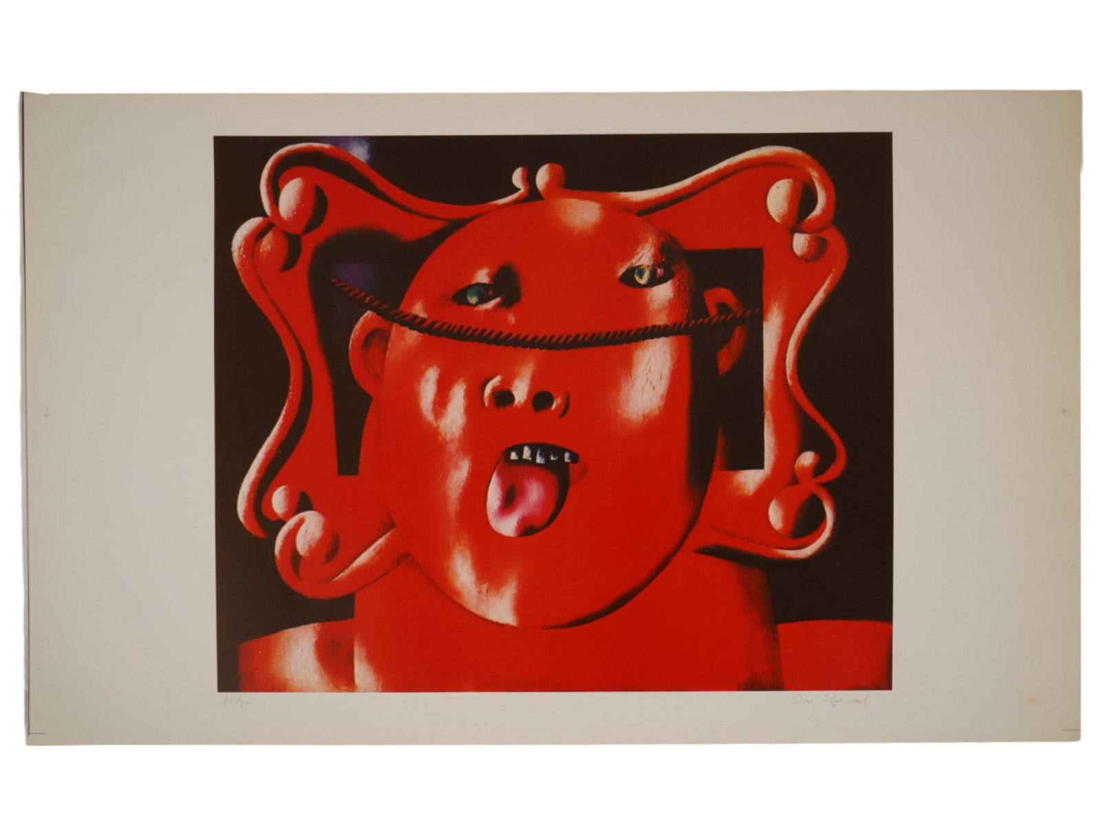LTD RUSSIAN CIRCUS COLOR PRINT BY OLEG TSELKOV SIGNED: Oleg Tselkov, Russian, French, 1934 to 2021, a limited edition original color print on paper depicting a stylized mask like humanoid face portrait from the famous Circus series. Signed in pencil, lowe