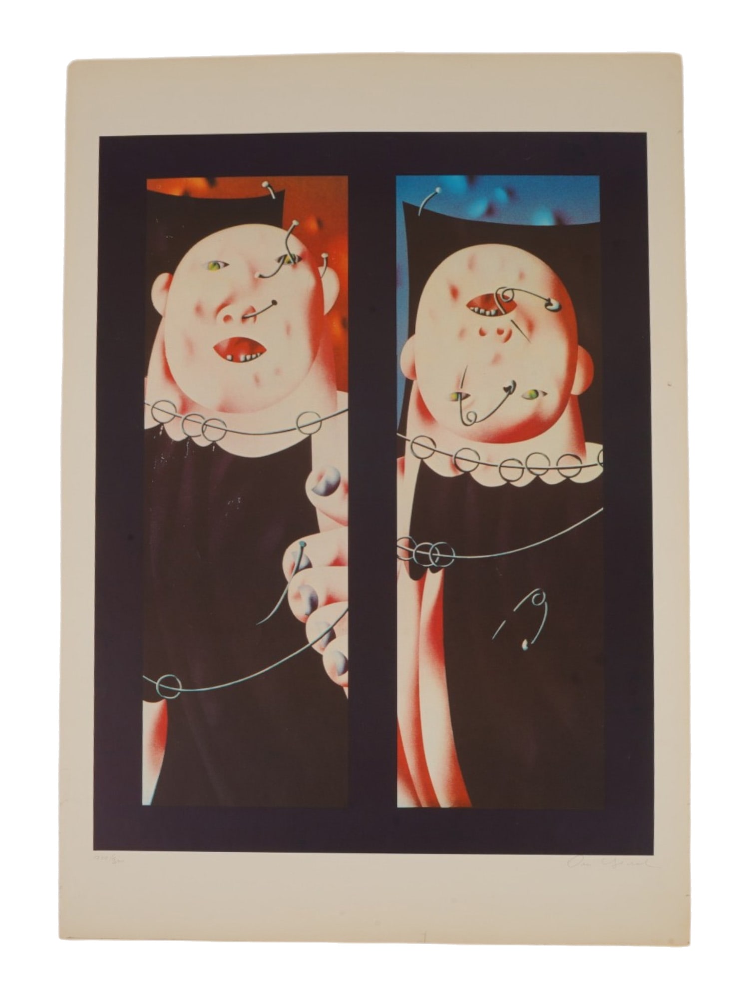 LTD RUSSIAN CIRCUS COLOR PRINT BY OLEG TSELKOV SIGNED: Oleg Tselkov, Russian, French, 1934 to 2021, a limited edition original color print on paper depicting anthropomorphic figures from the famous Circus series. Signed in pencil, lower right. Numbered 20