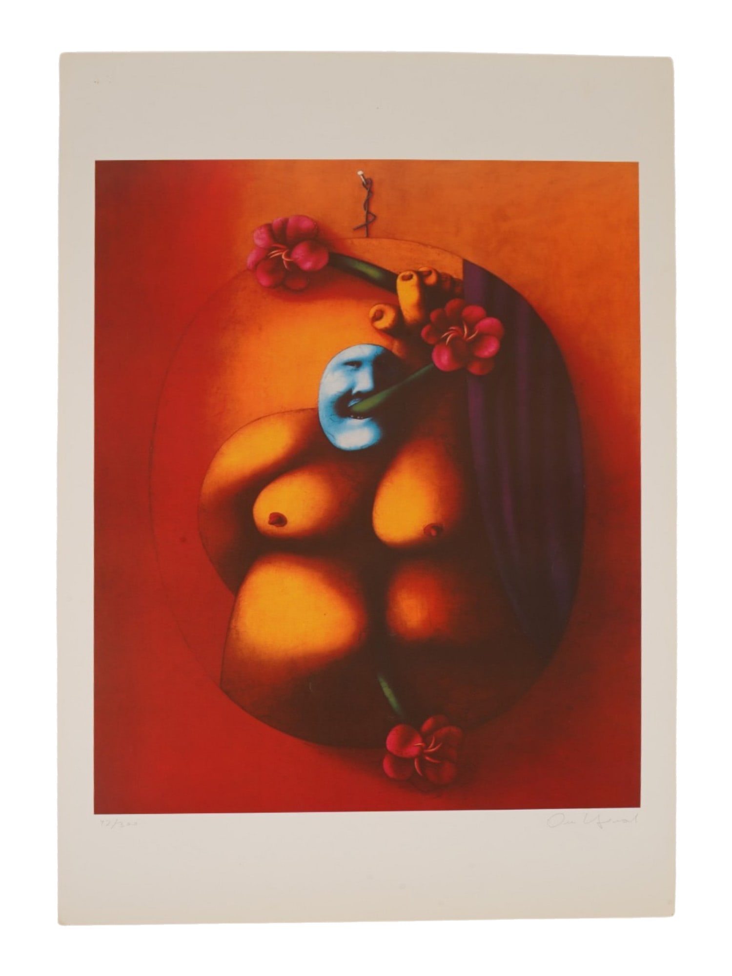 LTD RUSSIAN COLOR PRINT BY OLEG TSELKOV SIGNED: Oleg Tselkov, Russian, French, 1934 to 2021, a limited edition original color print on paper depicting a massive, sculpted nude female torso, arranged within an oval. A loop is visible at the top of t