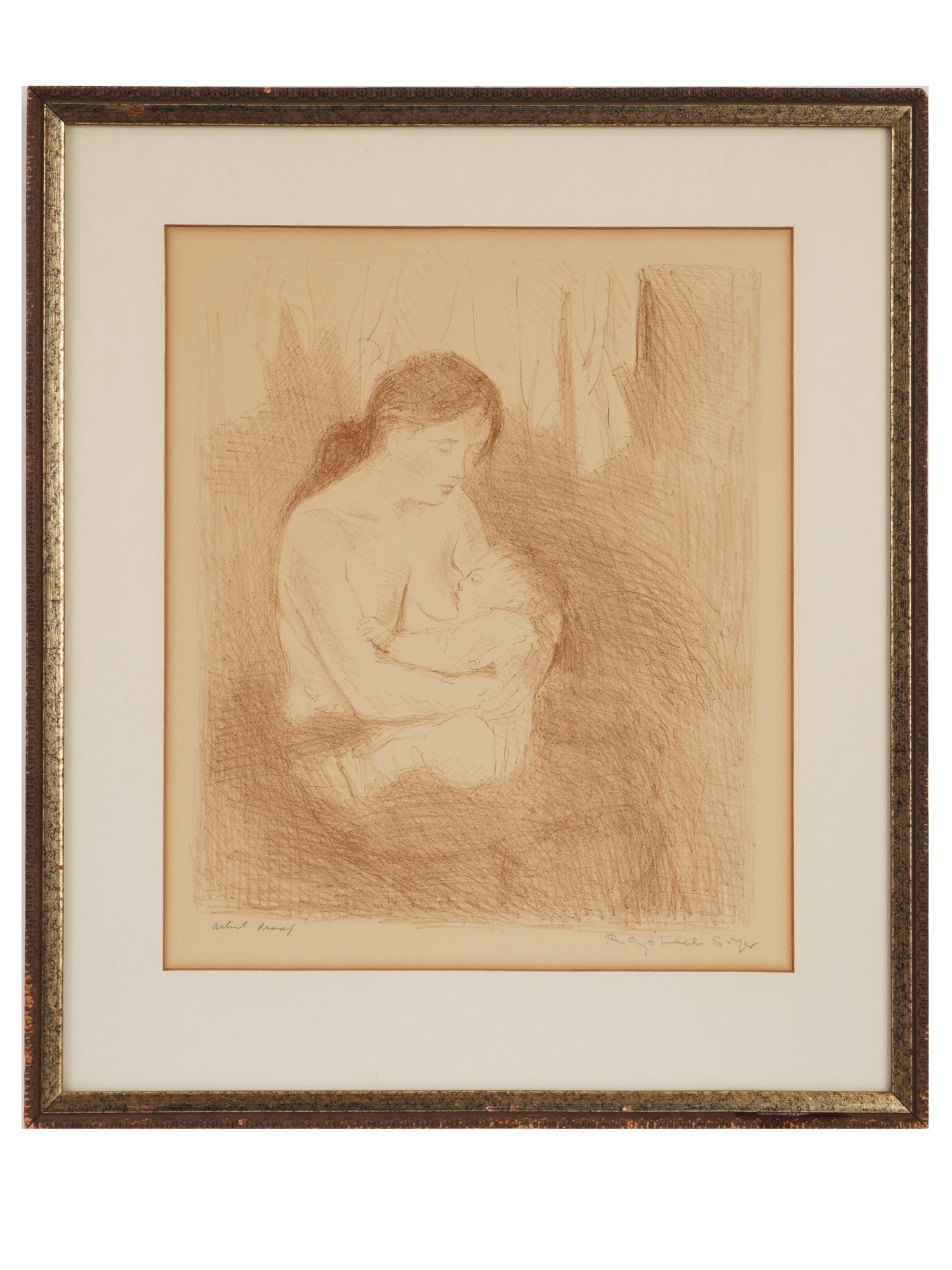 AMERICAN HAND SIGNED LITHOGRAPH BY RAPHAEL SOYER: A vintage hand signed lithograph by Raphael Soyer, Russian American, 1899 to 1987. Signed in pencil lower right. The artwork depicts a nursing mother portrait in a home interior, rendered in sepia ton