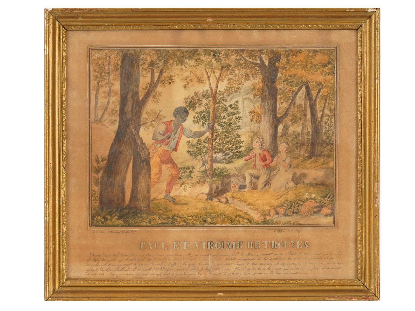 ANTIQUE FRENCH PAUL ET VIRGINIE RETROUVES PRINT: An antique French color print titled Paul et Virginie retrouves copied from a drawing by Lambert. The 19th-century framed print depicts a classic scene from the famous 1788 novel Paul et Virginie, wri