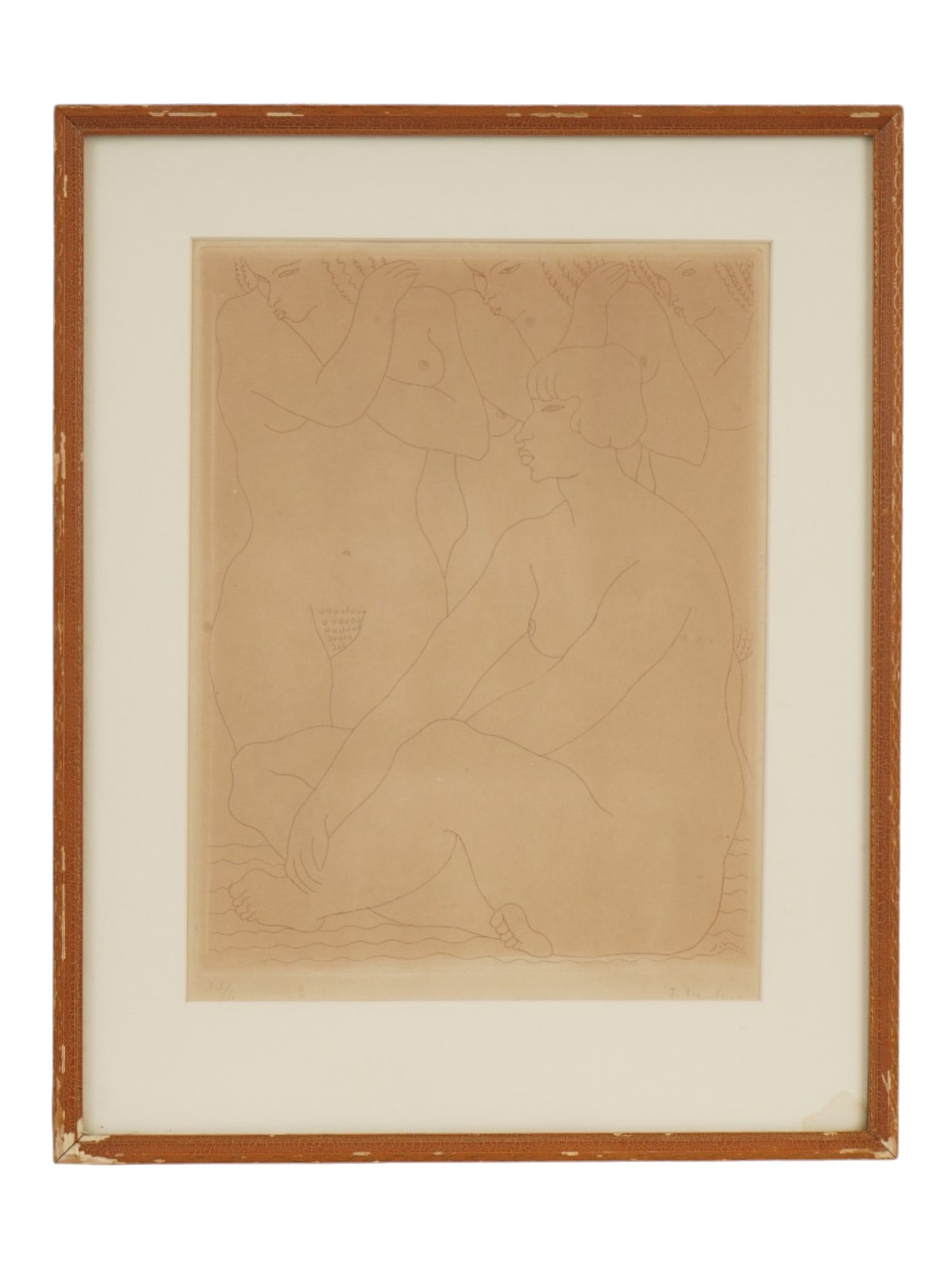 MID CENTURY ETCHING PRINT OF NUDE FIGURES SIGNED: A mid-century etching depicting nude figures through elegant, minimalist contours. Numbered lower left and signed lower right. Matted and framed. Mid-Century Prints And Modern Art Collectibles. THIS L