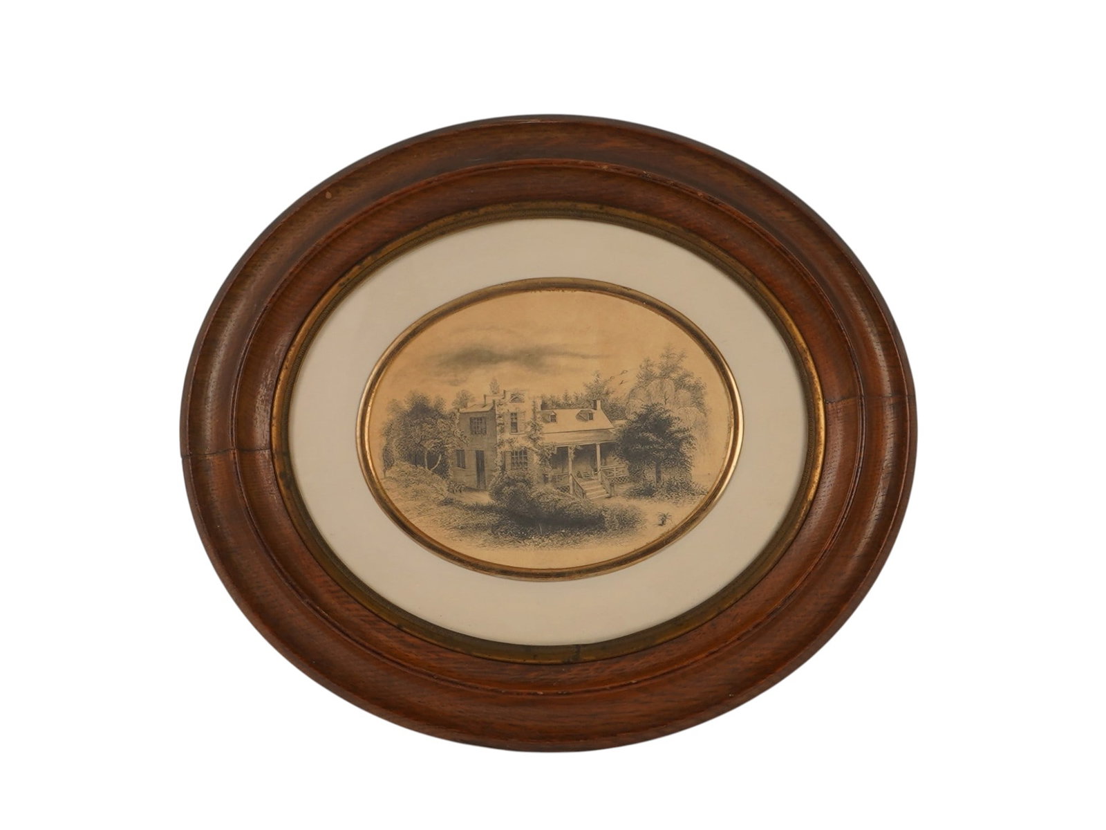 AMERICAN STYLE RURAL COTTAGE OVAL LITHOGRAPH FRAMED: A lithograph on paper depicting a country estate house in a historic American style. Unsigned. Presented in an oval wooden frame. Antique and Vintage Victorian Style Graphic Art Prints, Wall Art, and 