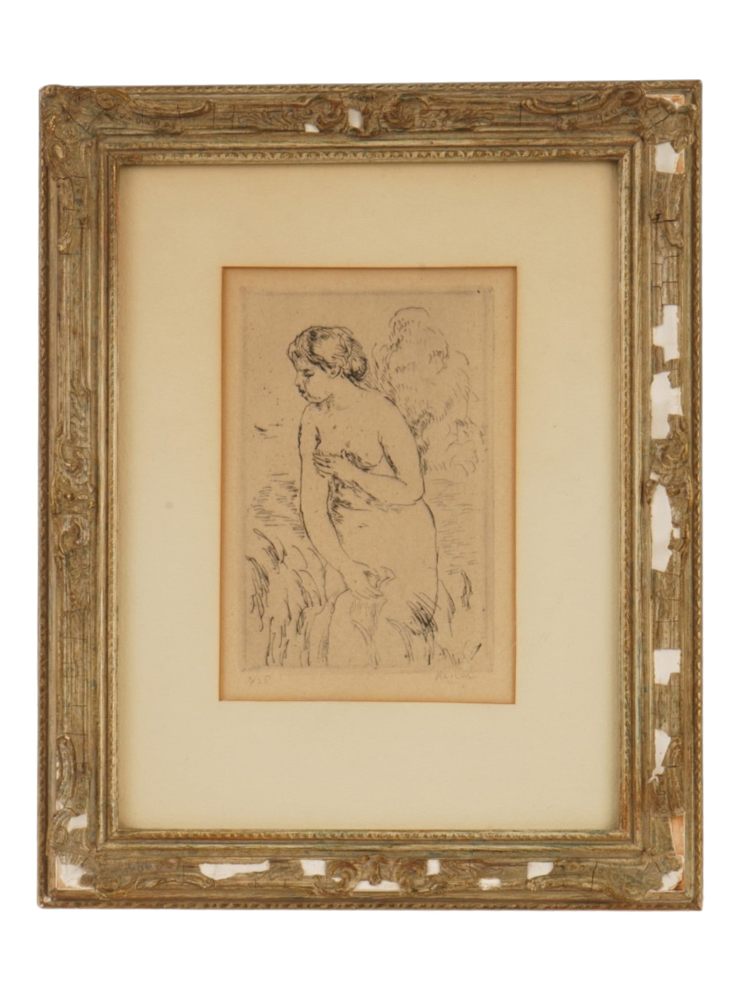ANTIQUE FRENCH ETCHING AFTER PIERRE AUGUSTE RENOIR: After Pierre-Auguste Renoir, French, 1841 to 1919, a limited edition etching on paper titled Baigneuse debout, a mi-jambes, Bather Standing at Mid-Calf, dating circa 1910. The etching depicts ??????? 