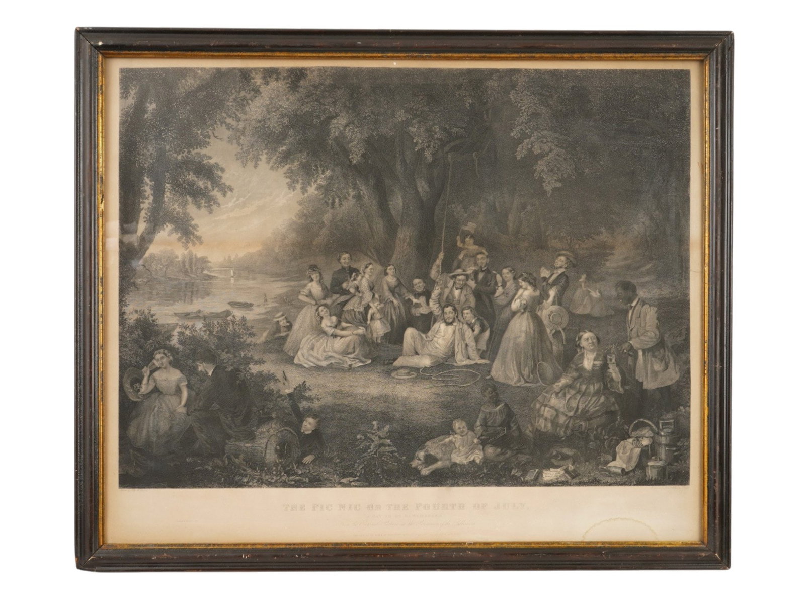 ANTIQUE AMERICAN ENGRAVING BY S HOLLIER AND J ROGERS: An antique American genre scene engraving. The engraving is titled Picnic on the Fourth of July, A Day to be Remembered, and based on a painting by American artist Lilly Martin Spencer, circa 1864. En