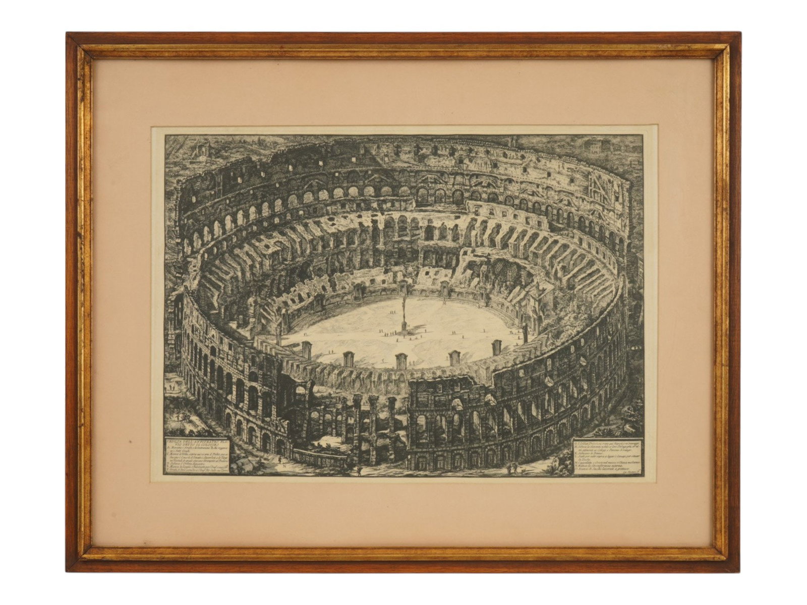 AFTER GIOVANNI BATTISTA PIRANESI VIEW OF ROME PRINT: After Giovanni Battista Piranesi, Italian, 1720 to 1778, a fine reproduction of an original etching titled Veduta dell'Anfiteatro Flavio detto il Colosseo, from Vedute di Roma series, ca. 1775. A bird