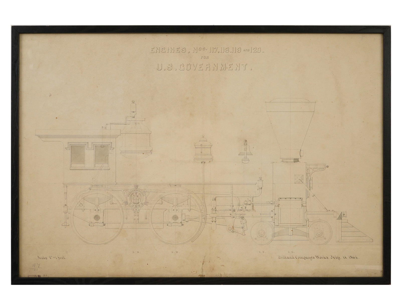 AMERICAN MECHANICAL LOCOMOTIVE LITHOGRAPH FRAMED: A lithograph on paper depicting a historical drawing representing an American steam locomotive. This series of locomotives numbers 117 to 120 was designed or supplied under a U.S. government order. Ti