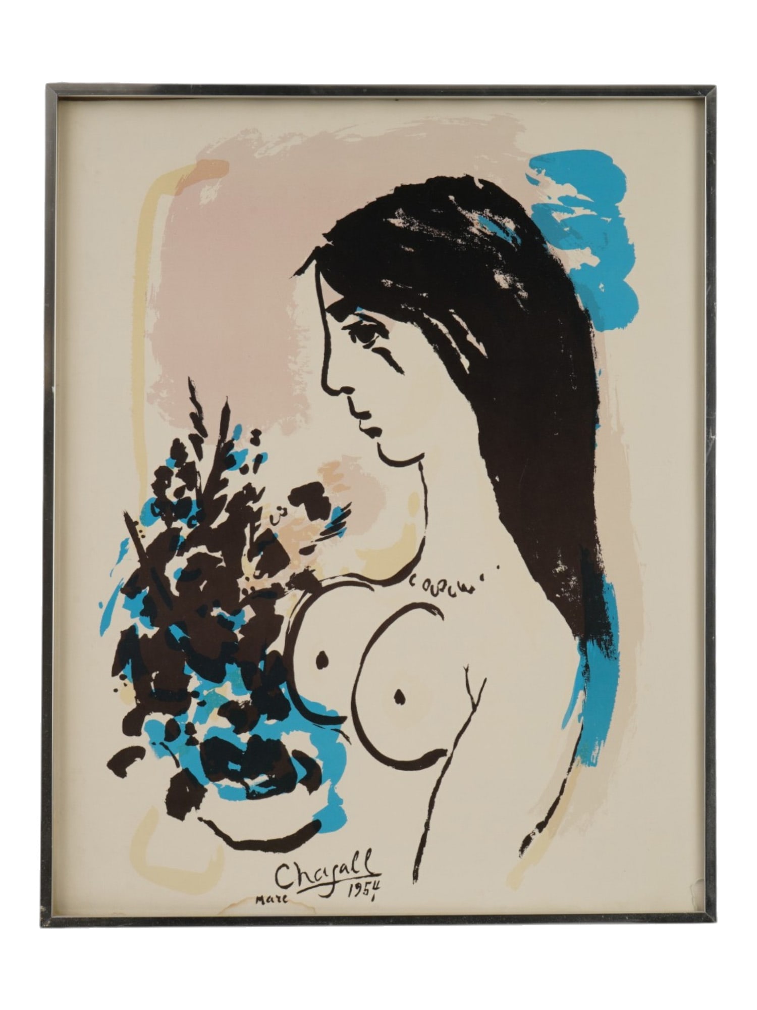 COLOR LITHOGRAPH SIGNED CHAGALL WOMAN WITH BOUQUET: A mid-century color lithograph, Woman with Bouquet, signed Marc Chagall and dated 1954. The work depicts a nude woman holding a vibrant bouquet in Chagalls distinctive poetic style. Framed. European P