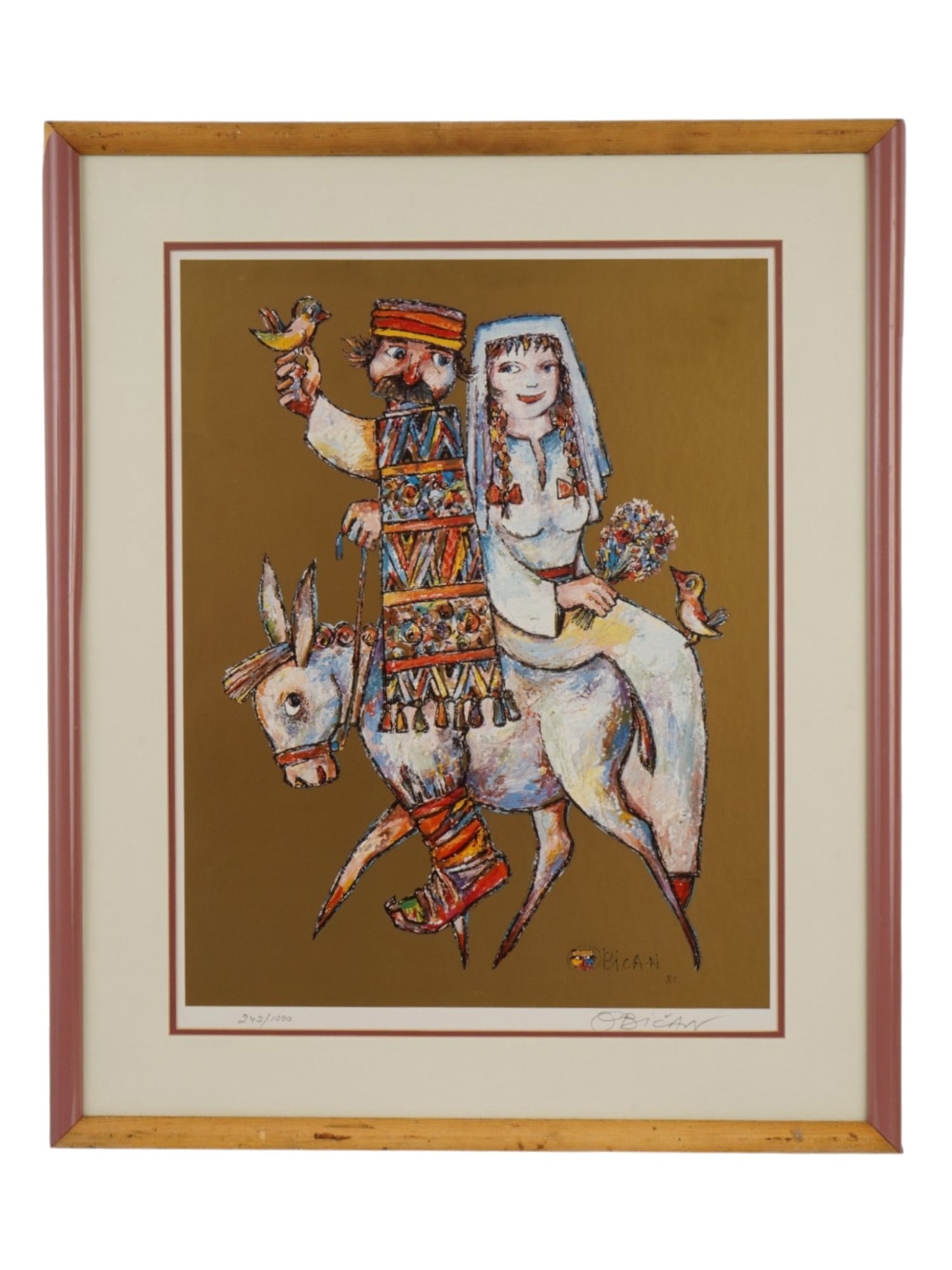 COLOR LITHOGRAPH SIGNED JOVAN OBICAN THE WEDDING: A color lithograph, The Wedding, signed Jovan Obican, 1918 to 1986, celebrated French-Yugoslavian artist, and dated 1985. Numbered 242 of 1000 and signed in pencil. Depicting a colorful village weddin
