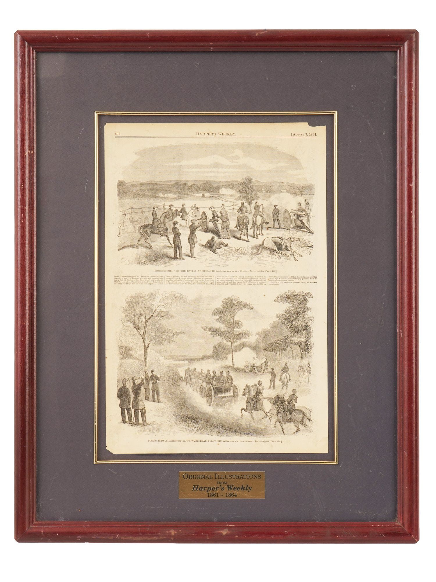 TWO ENGRAVINGS FROM ANTIQUE HARPERS WEEKLY ISSUE 1861: A page from the antique Harpers Weekly issue, dated August 3, 1861, featuring two woodblock engravings documenting the early stages of the American Civil War. The upper illustration, Commencement of t