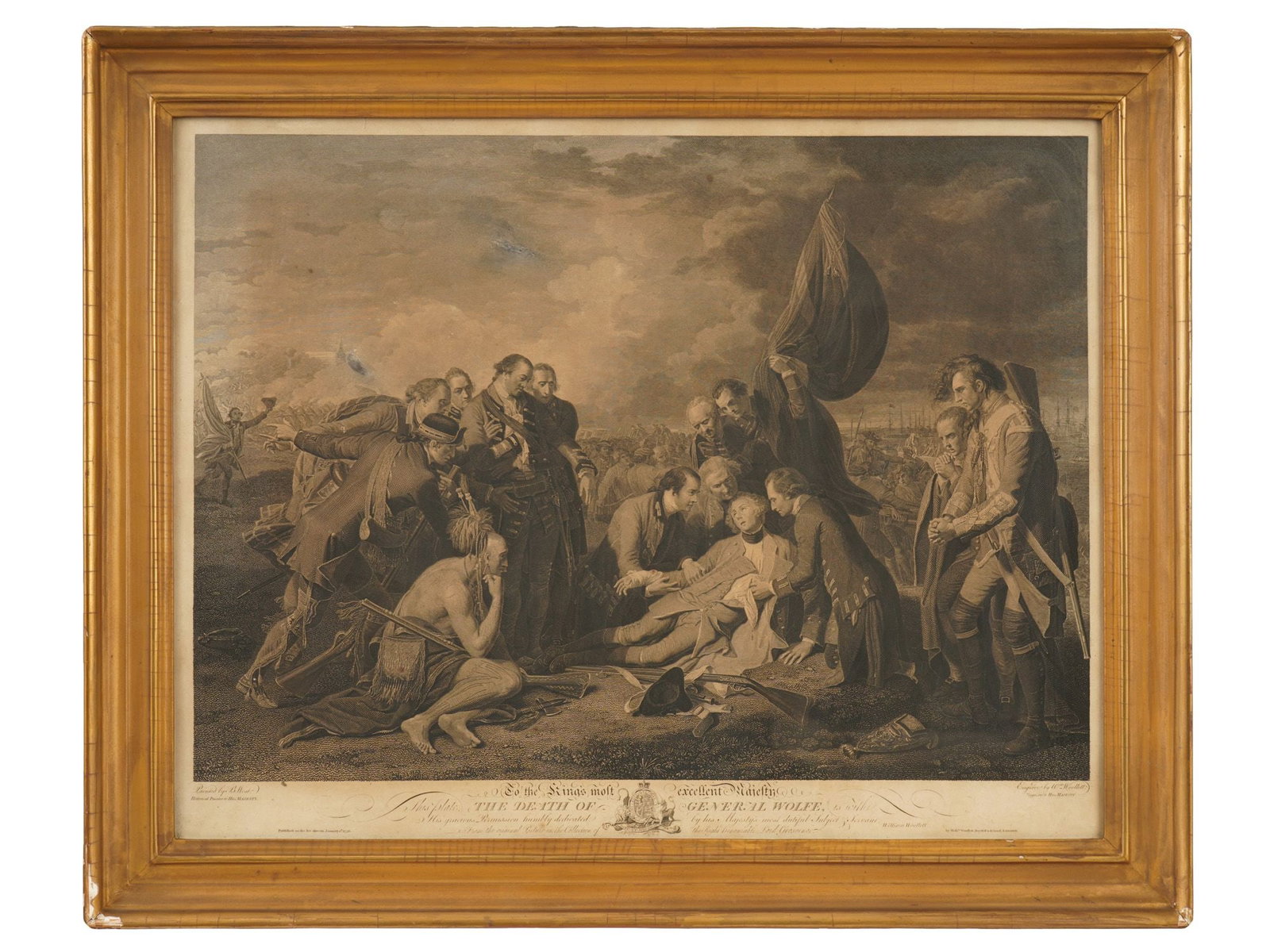 AFTER BENJAMIN WEST ENGRAVING DEATH OF GENERAL WOLFE: An antique fine line engraving with etching titled The Death of General Wolfe, engraved by William Woollett after the celebrated painting by Benjamin West. The scene depicts General James Wolfe dying 