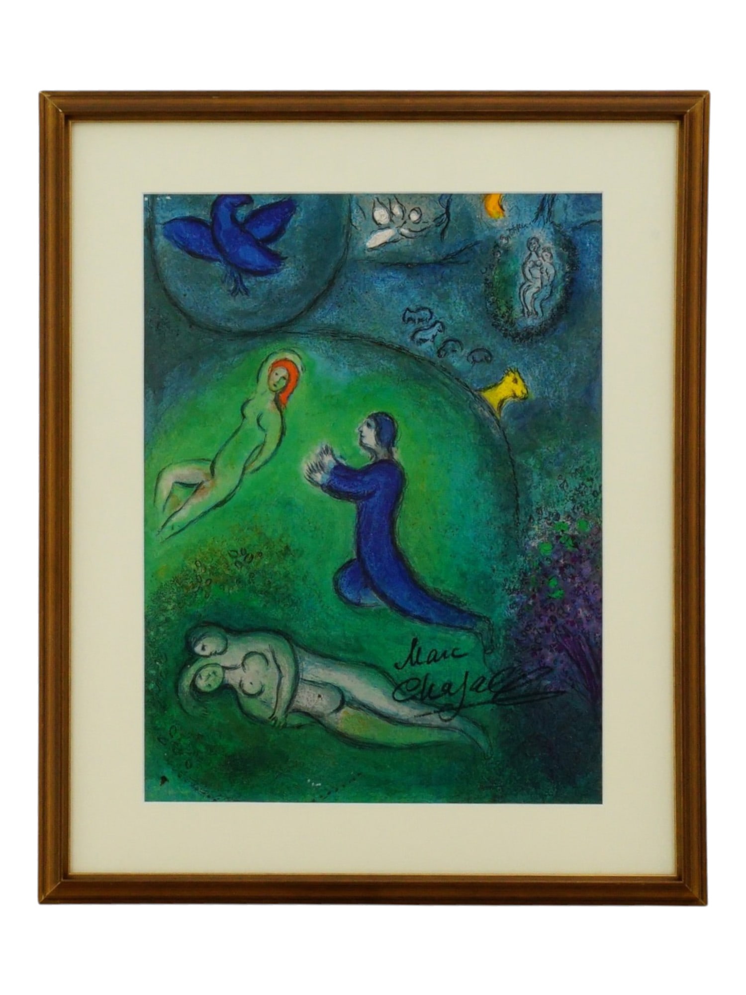 MARC CHAGALL FRENCH LITHOGRAPH SIGNED WITH COA: A color lithograph on paper, Daphnis and Lycenion after Marc Chagall, Russian, French, 1887 to 1985. Created in 1961 by the artist Marc Chagall, originating from his famous Daphnis et Chloe portfolio 