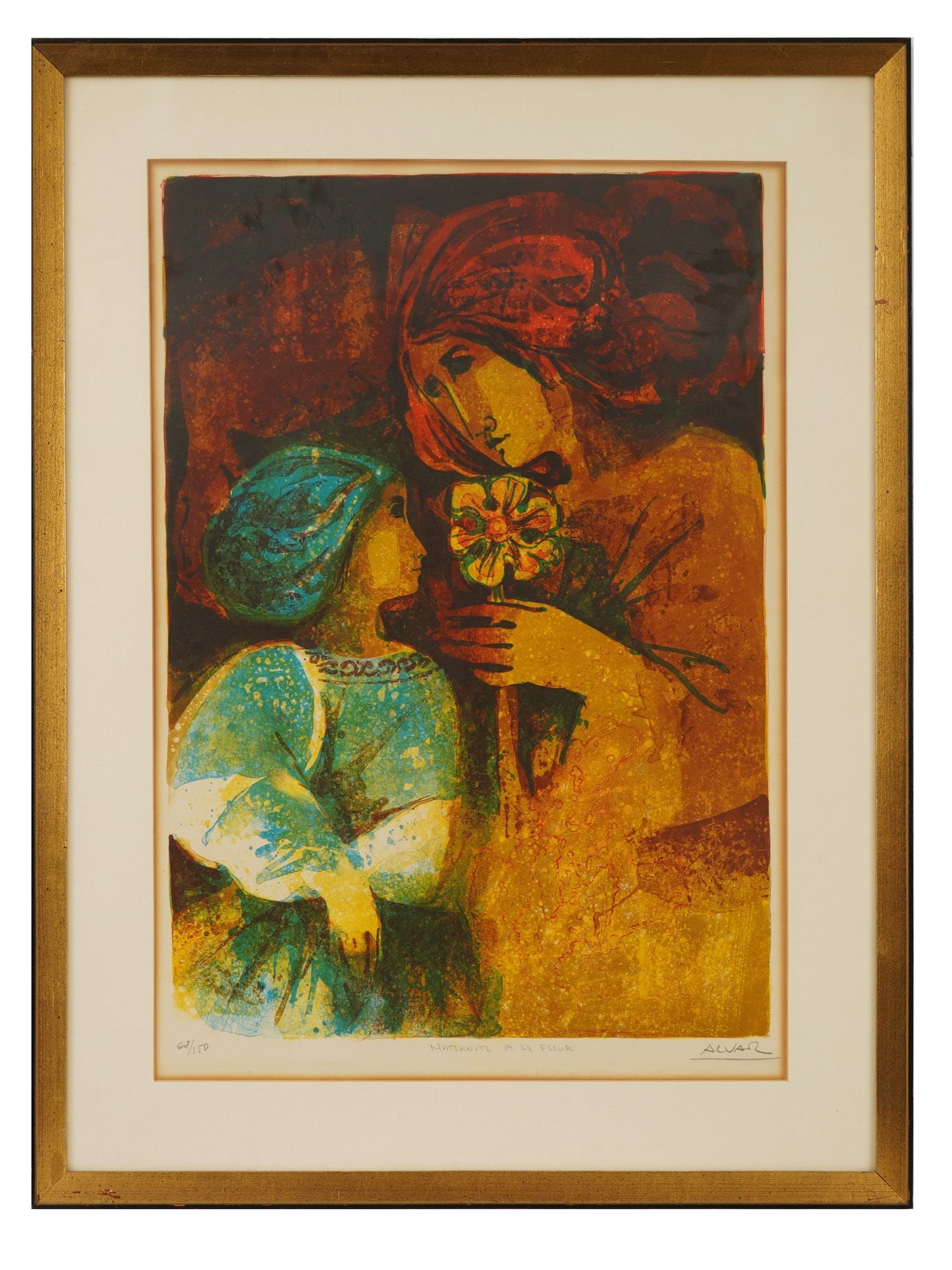 ALVAR SUNOL LTD MATERNITE A LE FLEUR LITHOGRAPH: Alvar Sunol, limited edition Maternite a le Fleur color lithograph depicting a mother with daughter portrait. Numbered 62 of 150 lower left, hand signed in pencil lower right. Matted and framed. Alvar
