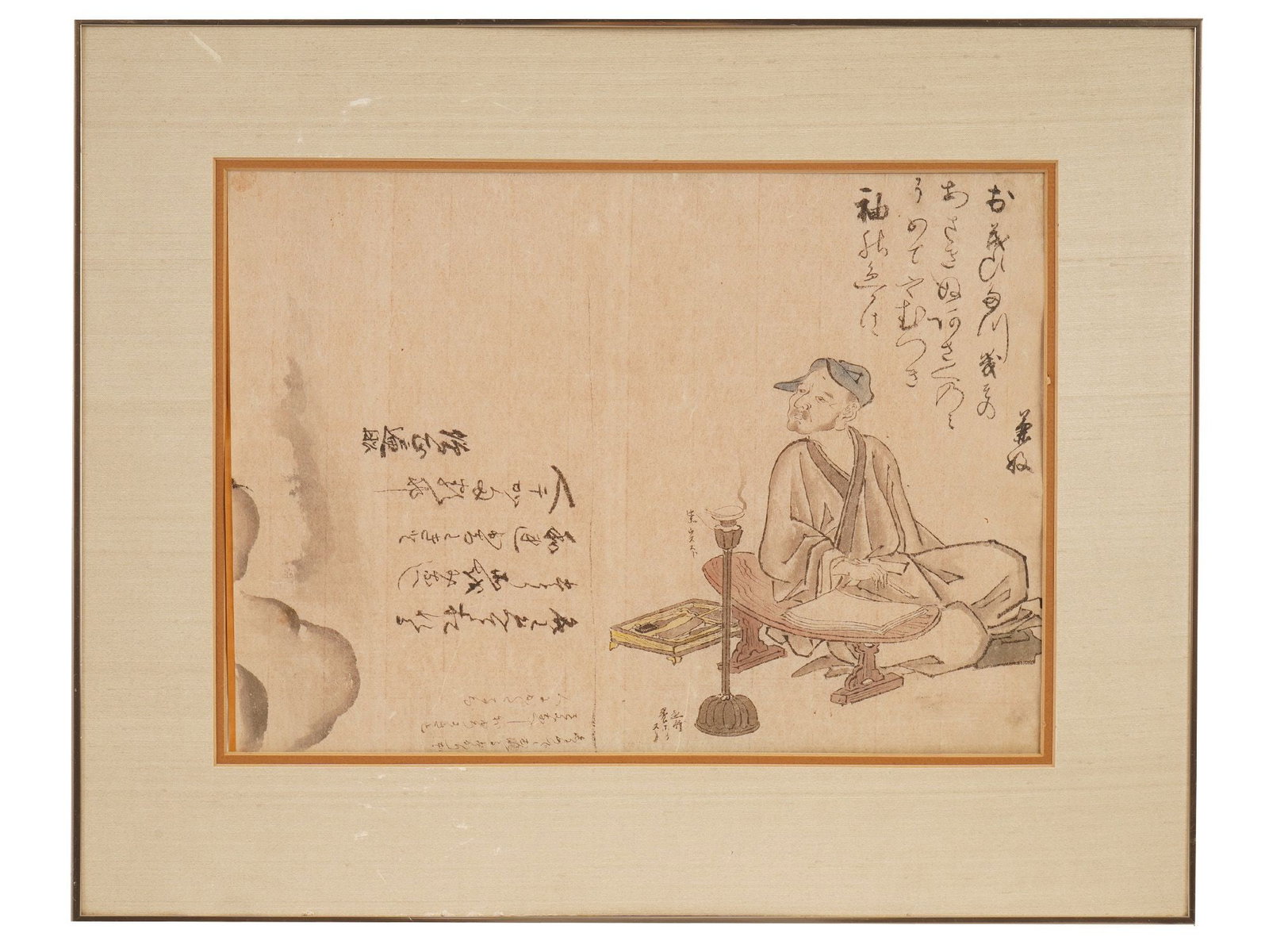 JAPANESE WOODBLOCK PRINT ATTR TO KITAO MASANOBU: An antique Japanese woodblock print attributed to Kitao Masanobu, dating to the late 18th or early 19th century. The composition depicts a scholar or poet seated beside a tall lamp stand with writing 