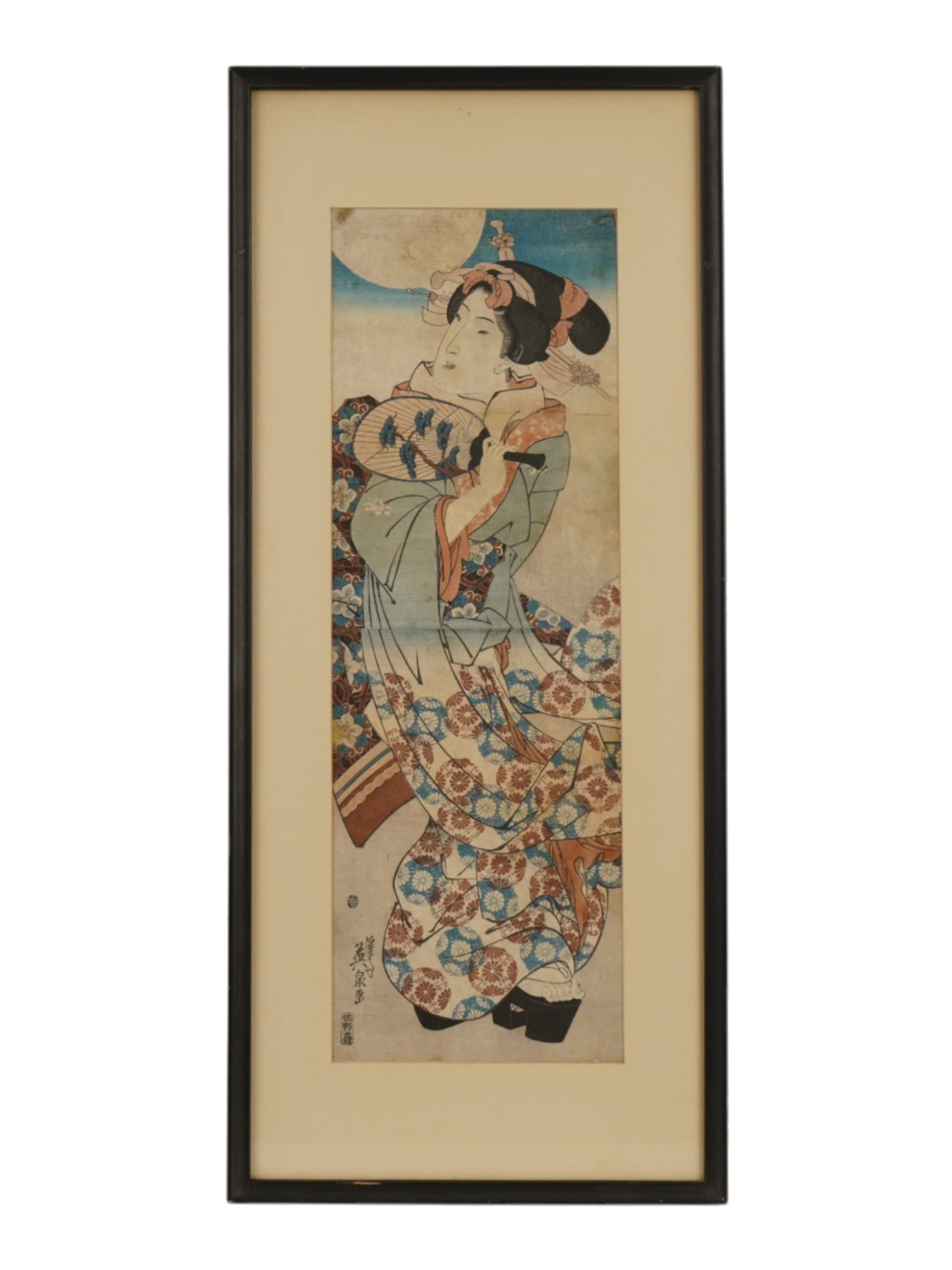 ANTIQUE JAPANESE WOODBLOCK ATTR TO KEISAI EISEN: An antique Japanese Edo period woodblock print titled Beauty and Moonlight, circa 1820, attributed to Keisai Eisen, depicting an elegant beauty or courtesan beneath a large full moon. The vertical kak