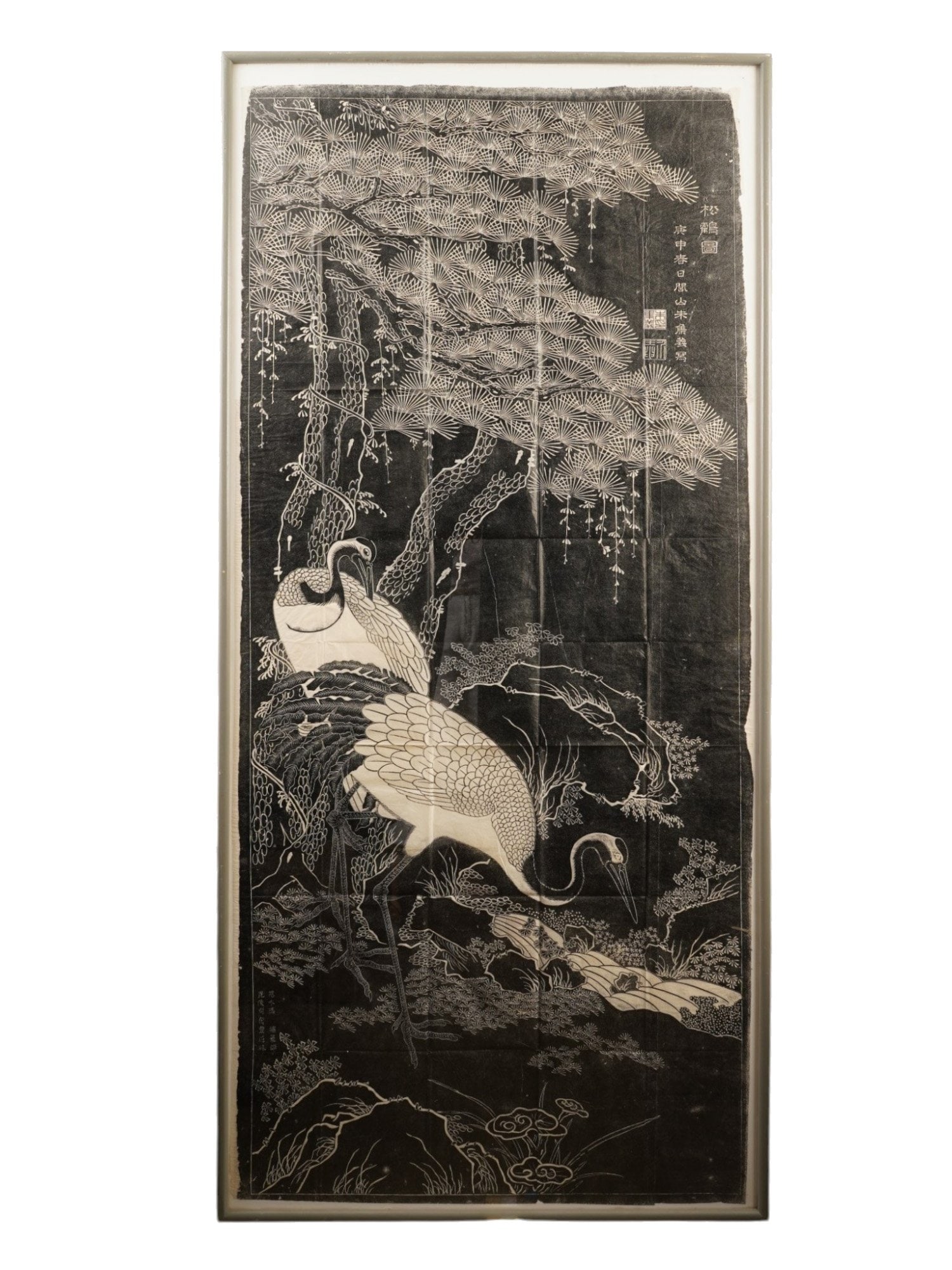 ZHU JIYI CHINESE QING DYNASTY WOODBLOCK PRINT STORKS: Zhu Jiyi, Chinese, active ca. Kangxi period, 1662 to 1722, monochrome woodblock on paper. The artwork depicts a pair of storks under the pines. Artist's seal and inscriptions lower left and upper righ