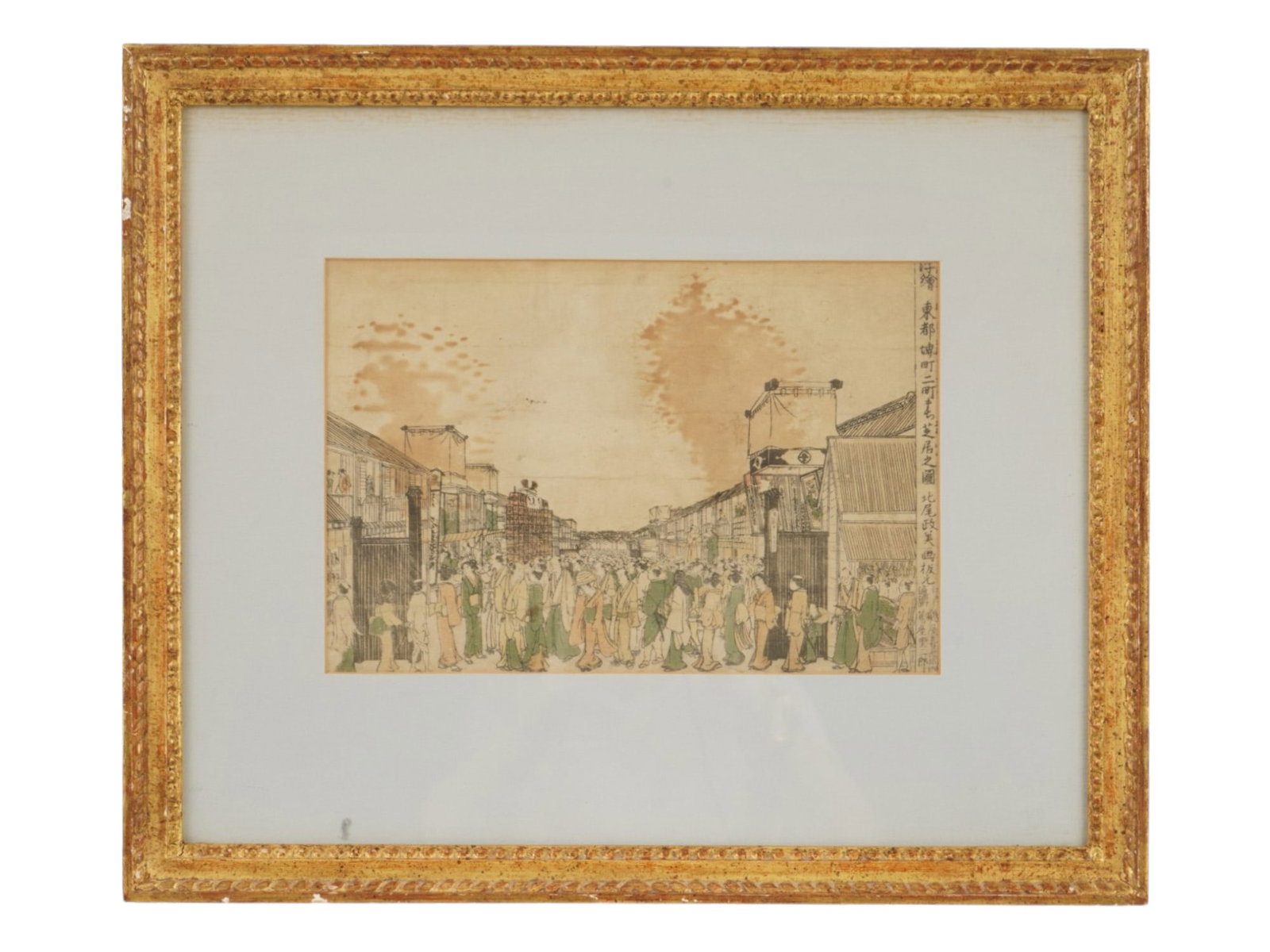 ANTIQUE JAPANESE EDO PERIOD WOODBLOCK PRINT SAKAI CHO: An antique Japanese Edo period woodblock print depicting a lively street scene in the Sakai-cho theater district of Edo, filled with townspeople, samurai, and Kabuki patrons. The composition demonstra