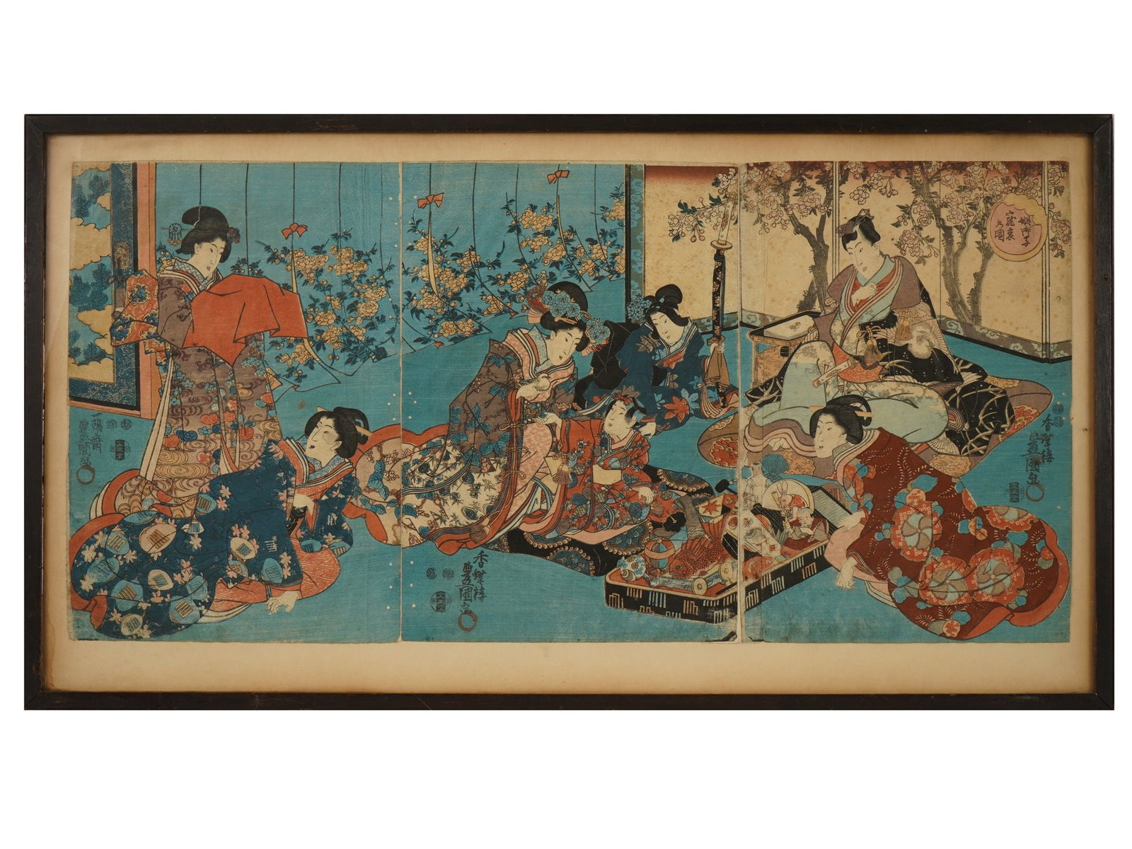 UTAGAWA KUNISADA TOYOKUNI III JAPANESE WOODBLOCK PRINT: A Japanese ukiyo e triptych woodblock print on paper, attributed to Utagawa Kunisada, also known as Toyokuni III. The print depicts a genre scene with a young princess being amused by an array of toys