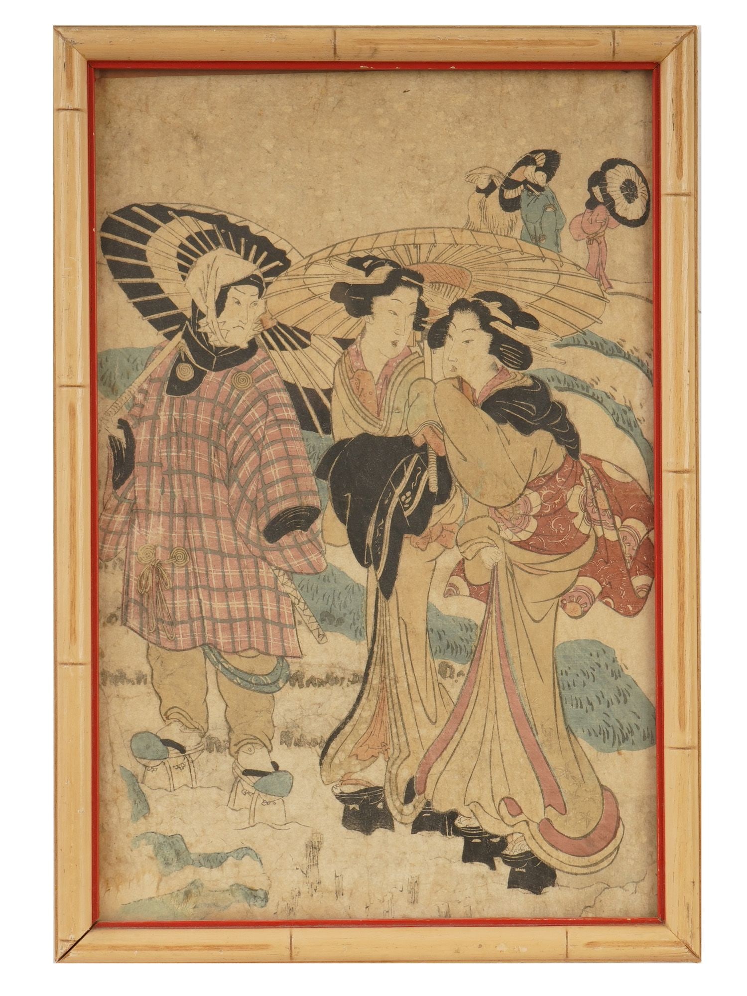 KATSUKAWA SHUNSEN JAPANESE UKIYO-E WOODBLOCK PRINT: Katsukawa Shunsen, alias Shunko II, Japanese, active ca. 1804 to 1818, color woodblock on paper. The artwork depicts Japanese beauties with umbrellas. Titled Twilight Snow on the Sumida River. Dated 1