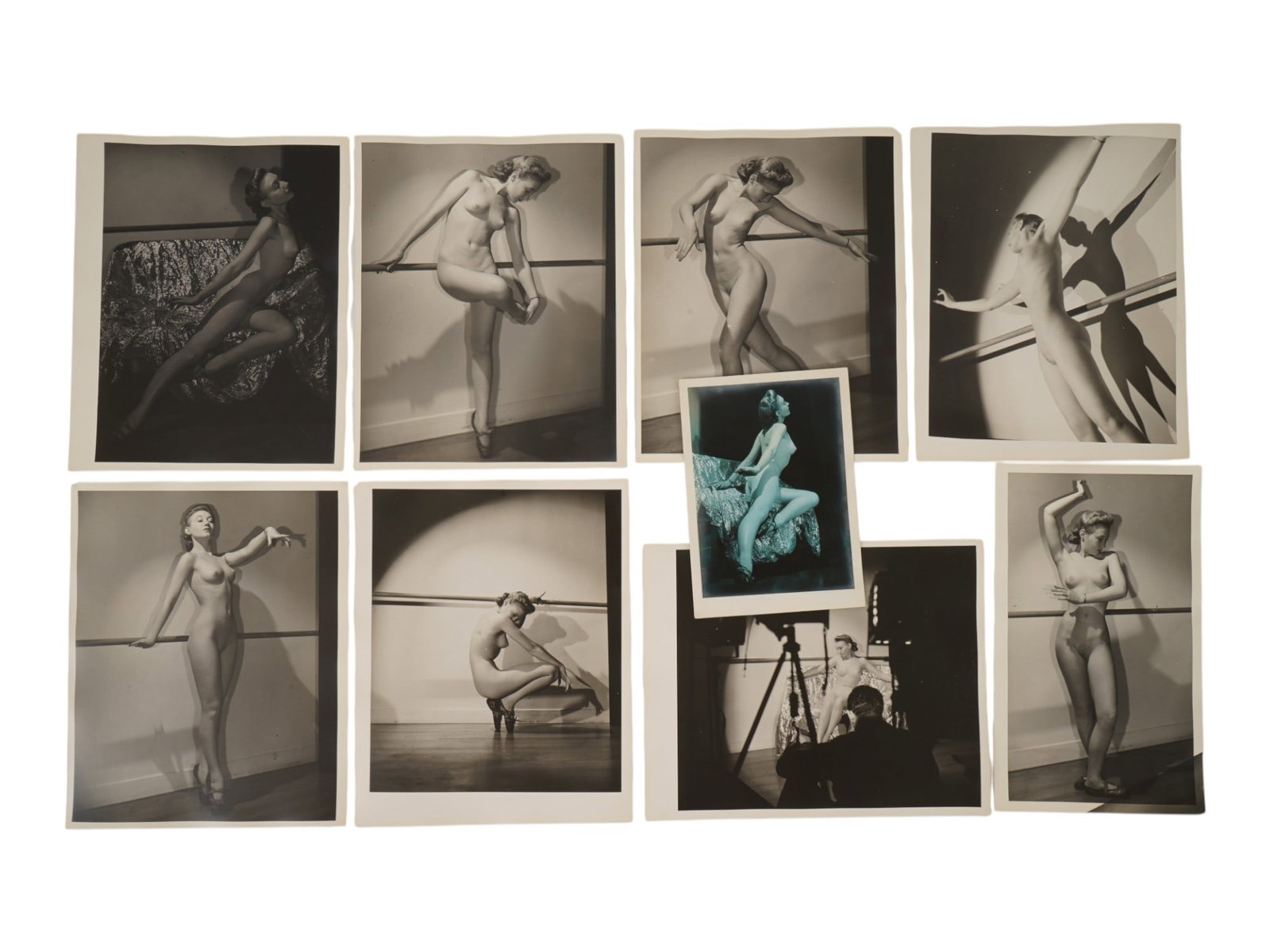 COLLECTION OF VINTAGE FEMALE DANCE EROTIC PHOTOS: A collection of vintage black-and-white fine art photographs featuring a female model in studio and dance settings. The group includes behind-the-scenes images of a photographer at work, along with ba