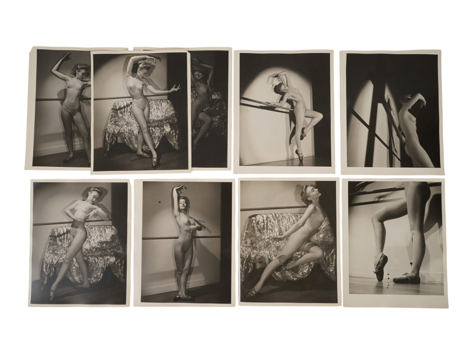 COLLECTION OF VINTAGE FEMALE DANCE EROTIC PHOTOS: A lot of nine mid-20th century black-and-white photographs depicting female nudes in the surroundings of the ballet class. Collectible Photography, Erotica, Female Portrait. THIS LOT IS ELIGIBLE FOR A