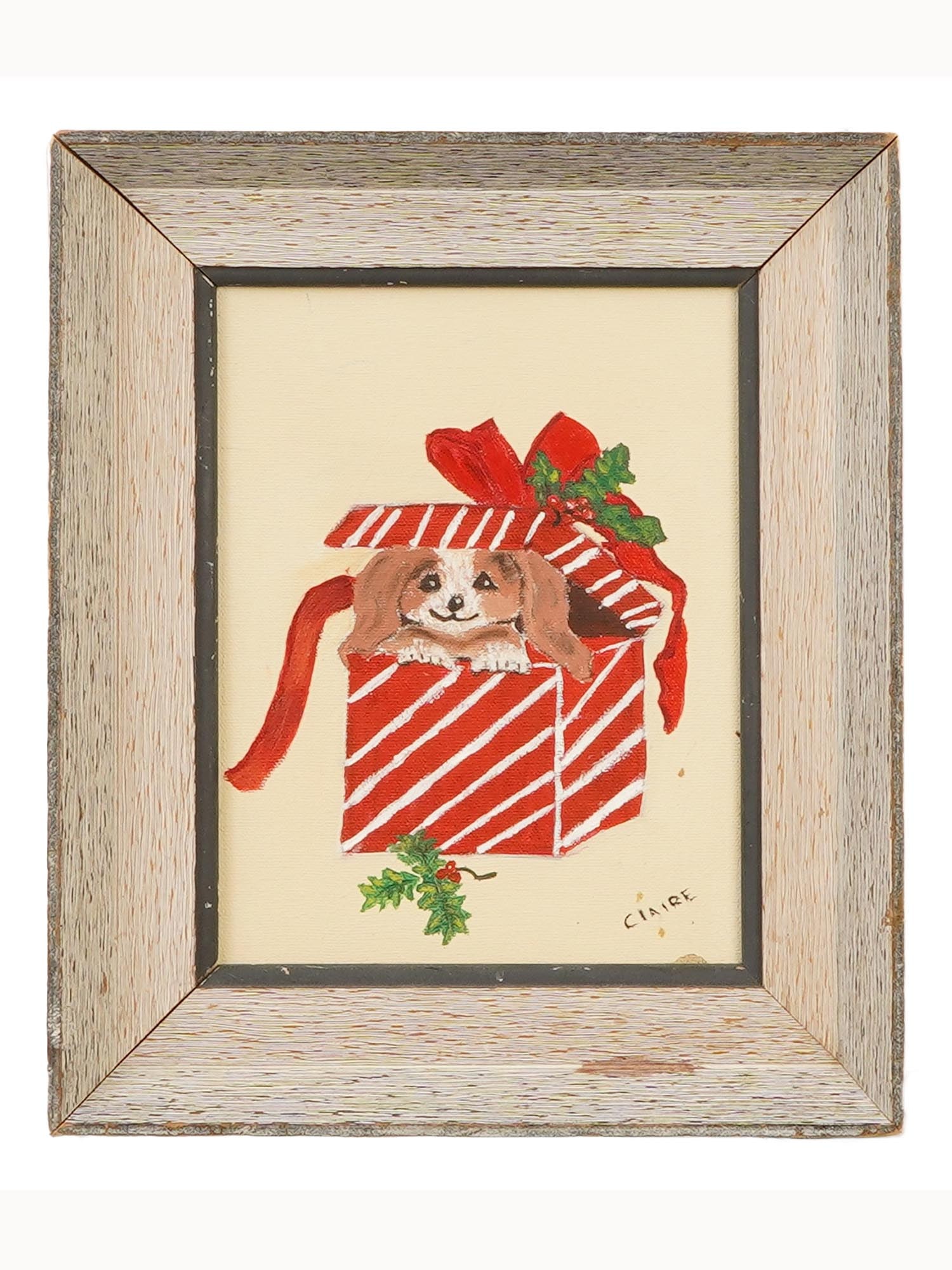 VINTAGE DECORATIVE CHRISTMAS OIL PAINTING SIGNED: Oil on canvas painting, a dog in a Christmas-wrapped box. Signed in the lower right, Claire. Late 20th century. Framed. Collectible Festive Wall Decor For New Year Interior Design. THIS LOT IS ELIGIBL