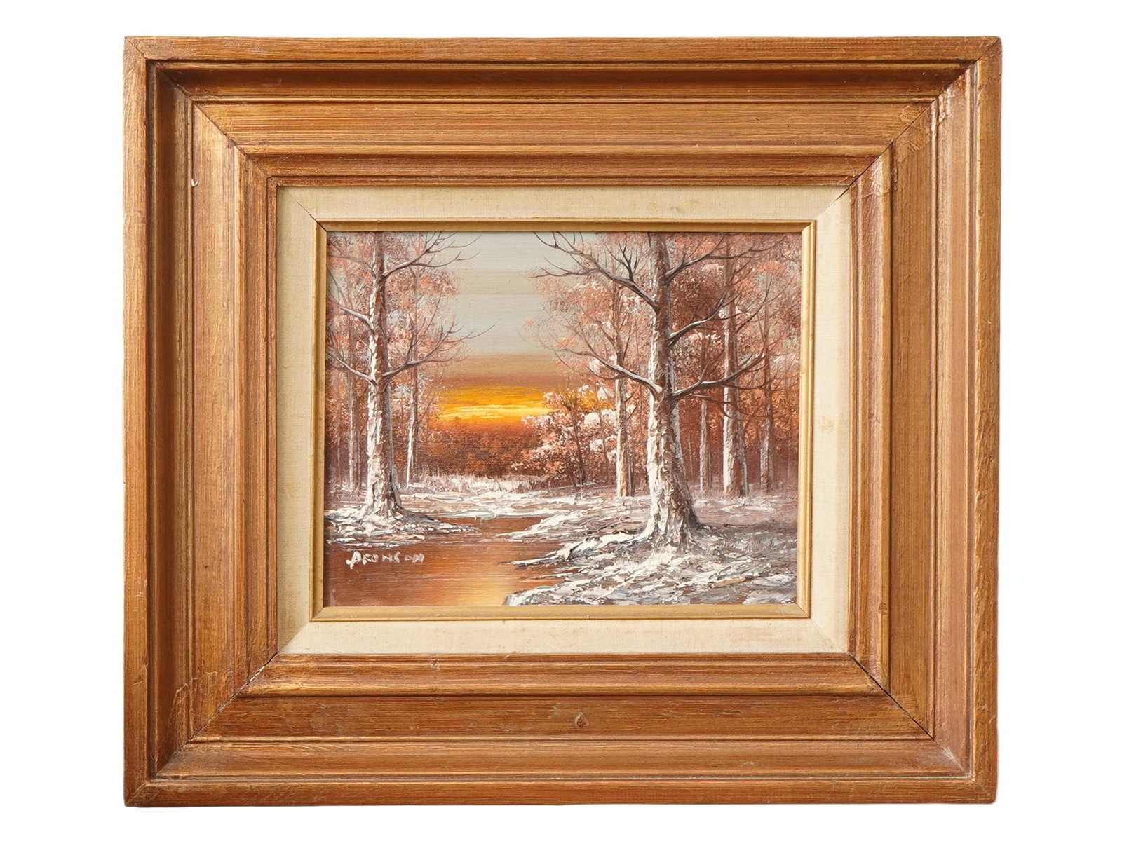 WINTER LANDSCAPE OIL PAINTING SIGNED ARONSON: Oil on board painting. American, mid to late 20th century. The artwork depicts a river in a snow-covered forest. Signed in the lower left, Aronson. Framed. Collectible Fine Art And Wall Decor. THIS LO