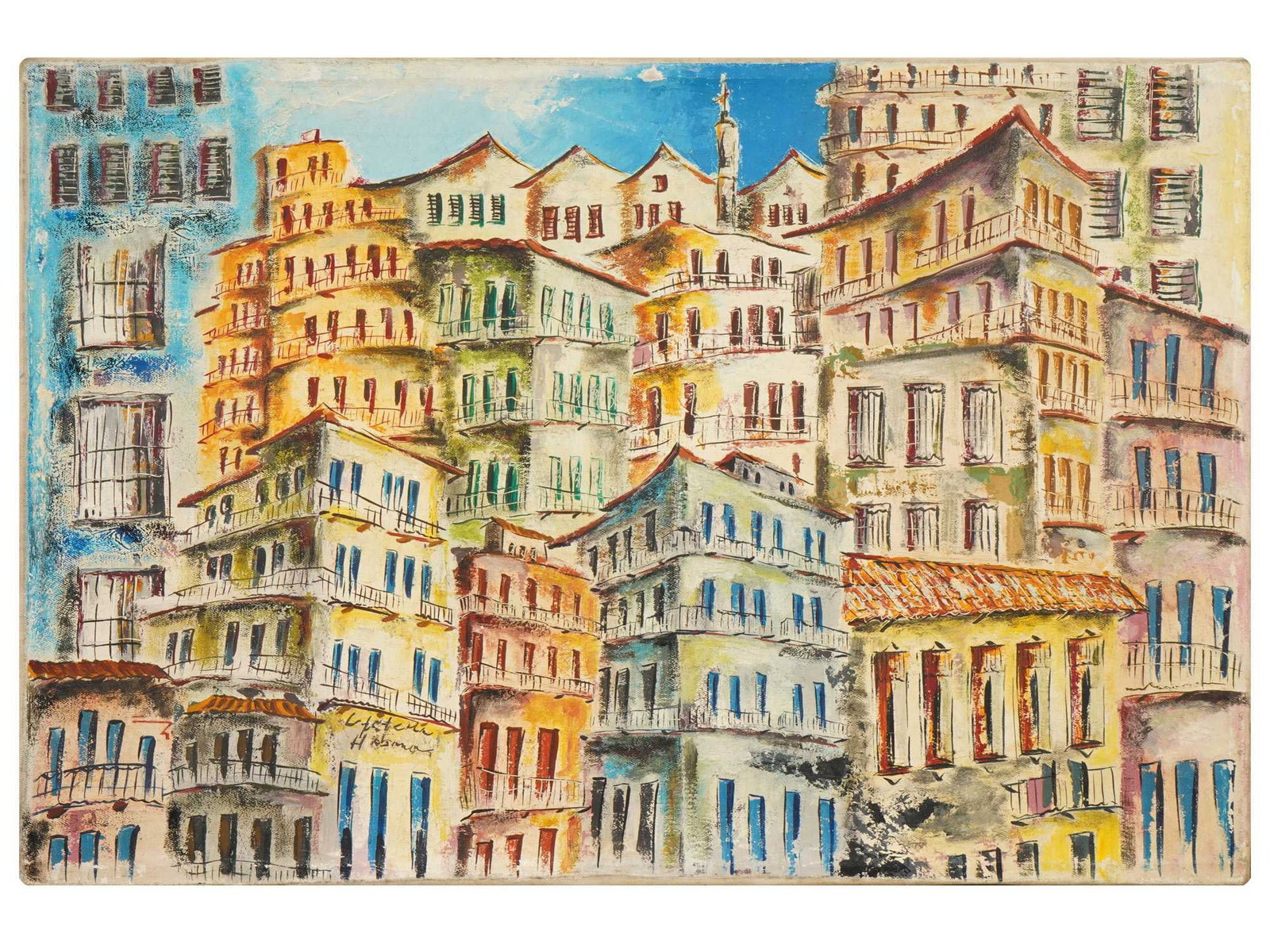 CONTEMPORARY CITYSCAPE OIL PAINTING SIGNED BY ARTIST: A Contemporary oil painting on masonite board depicting a cityscape view. Signed by the artist, Alexei Ramirez, inscribed, titled, Vedado Cuba, on the backside. Modernist and Contemporary Fine Art, Ex