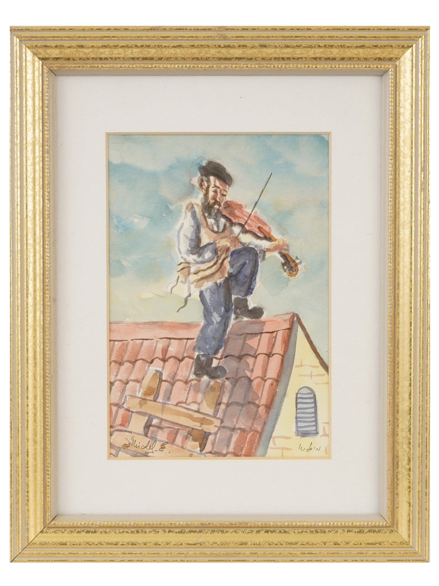 JUDAICA WATERCOLOR PAINTING SIGNED BY THE ARTIST: A Judaica watercolor painting on paper depicting a genre scene depicting a male figure in traditional attire playing a violin while perched atop a tiled rooftop. Signed by the artist, lower right and 