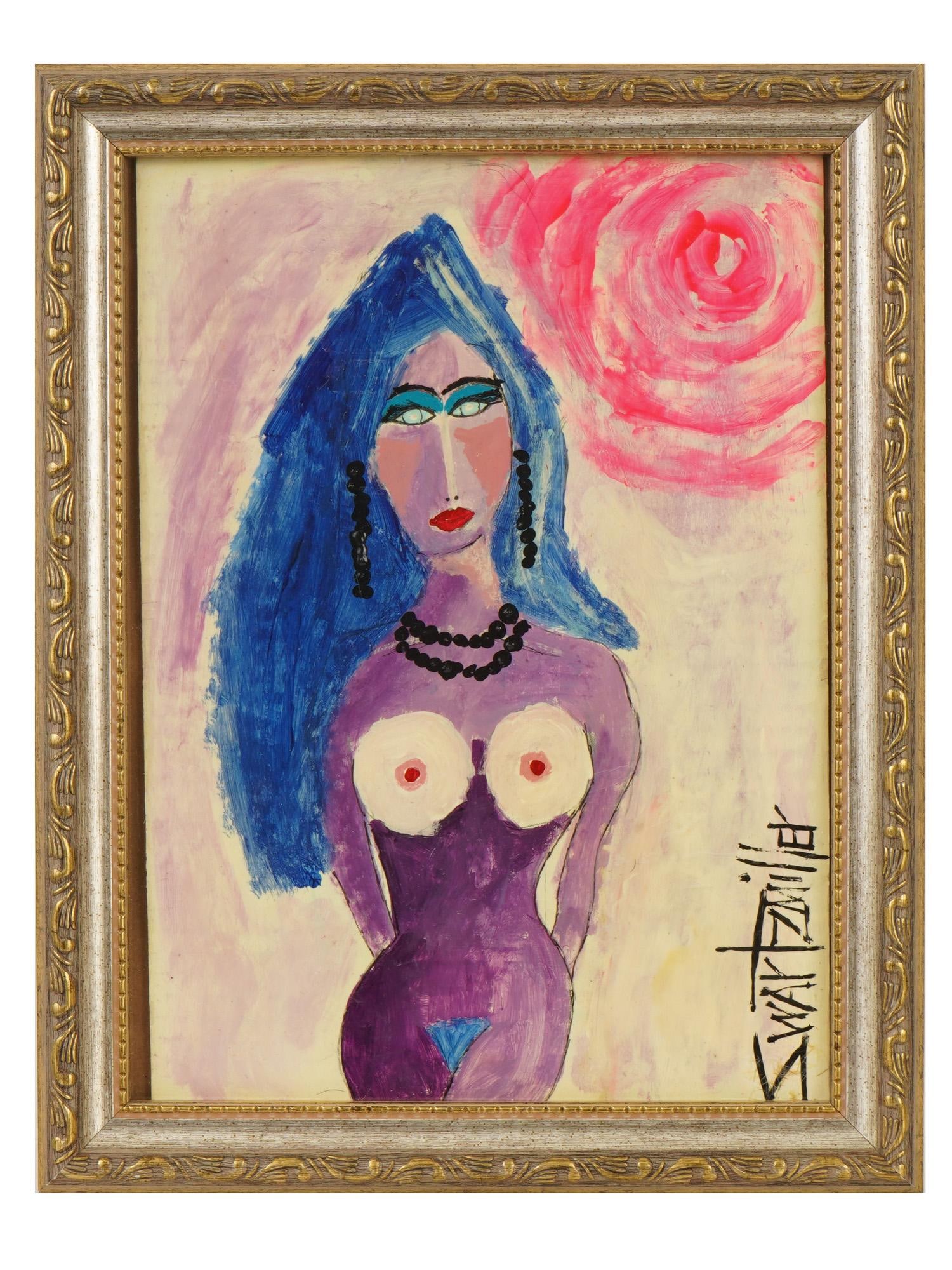 AMERICAN NUDE ACRYLIC PAINTING BY MIKE SWARTZMILLER: Mike Swartzmiller, American, born 1951, an acrylic painting on cardboard depicting a stylized portrait of a nude woman. Signed lower right. Framed. Mike Swartzmiller is an American contemporary painte