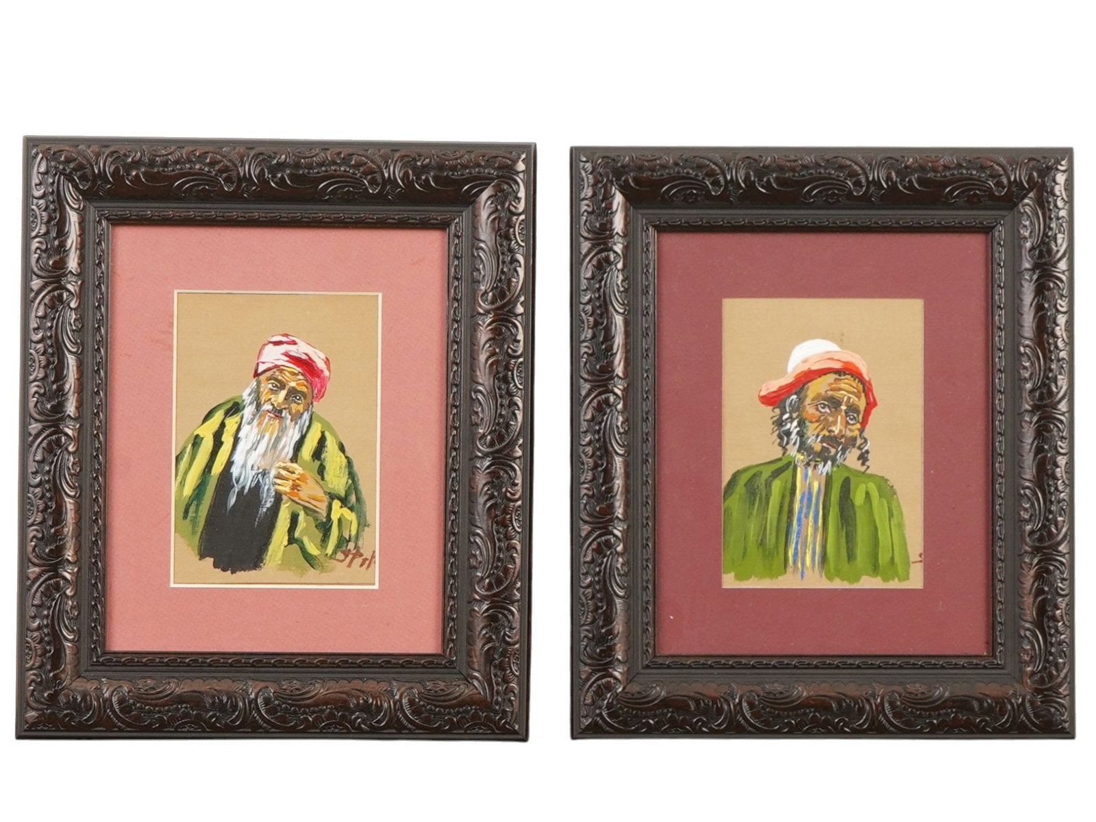 TWO CONTEMPORARY FOLK ART PORTRAIT PAINTINGS SIGNED: A lot of two contemporary folk art portrait paintings on paper. Each composition depicts a male figure in a hat and green coat, characterized by a naive style and bold application of color. The works 