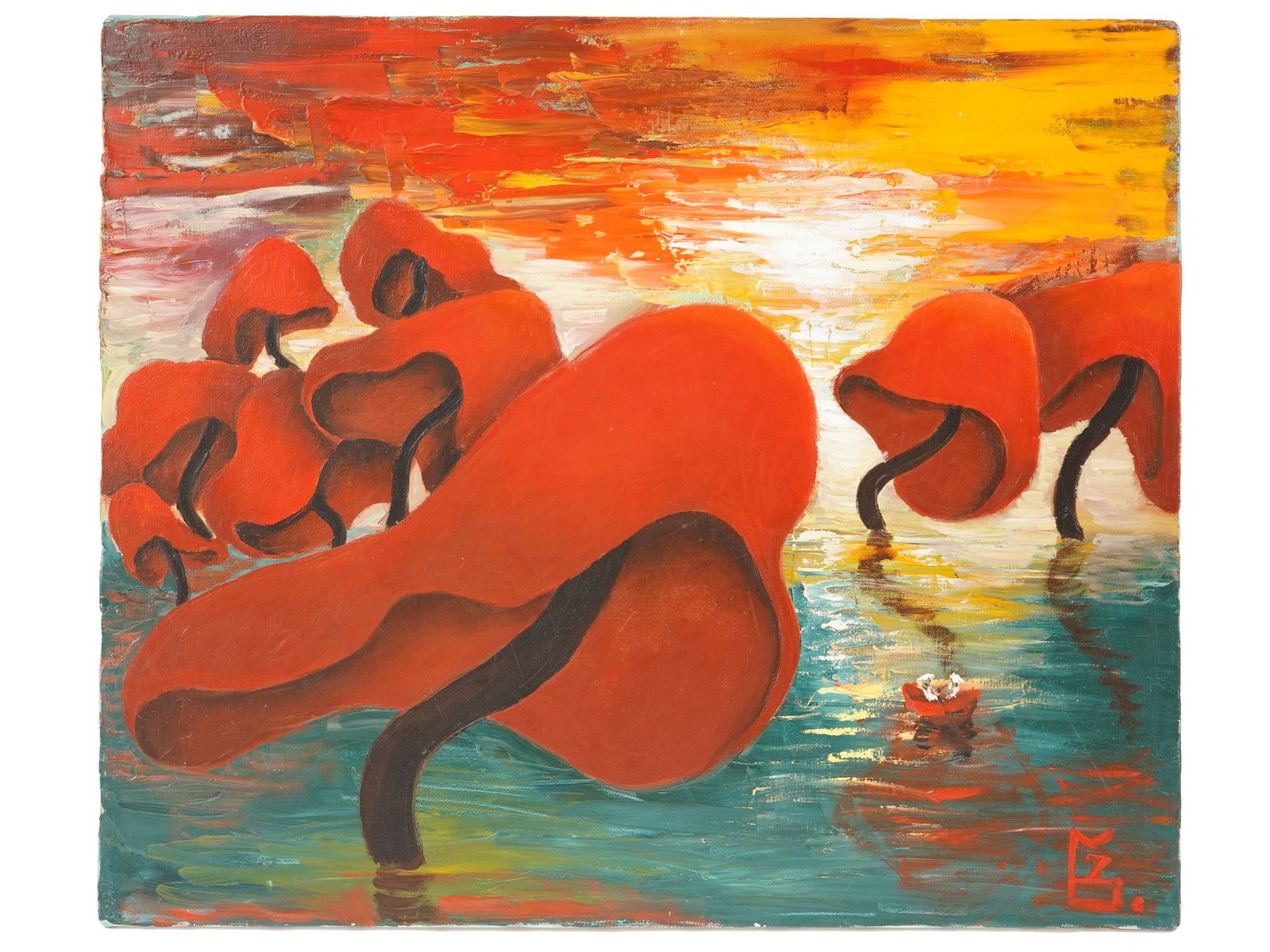 CONTEMPORARY OIL PAINTING SIGNED BY THE ARTIST: A Contemporary oil painting on canvas depicting a surreal scene with red mushrooms in a seascape. Signed by the artist with monogram, lower right. Modernist and Contemporary Fine Art, Surreal and Figu