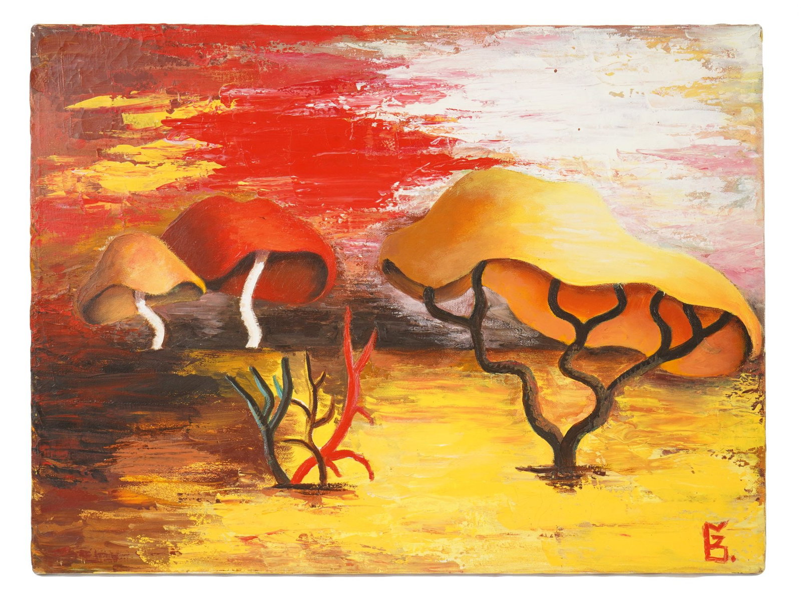 MODERN OIL PAINTING OF STYLIZED MUSHROOMS: A modern oil painting on canvas depicting stylized mushrooms set against a vibrant, textured background, signed with initials in the lower right. Modern Paintings And Art Collectibles. THIS LOT IS ELI